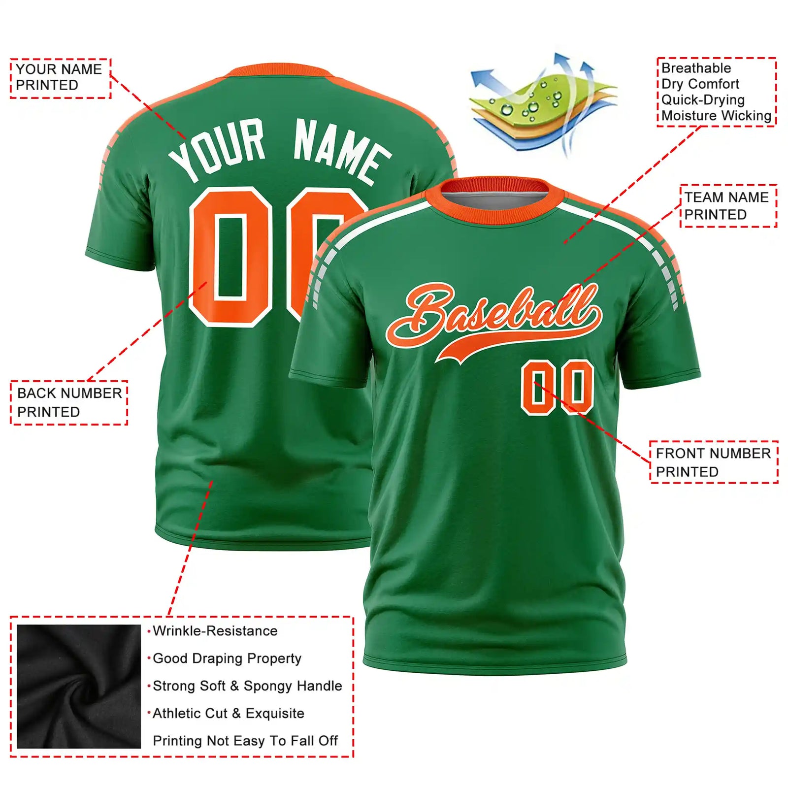 Custom Kelly Green Orange-White Performance T-Shirt
