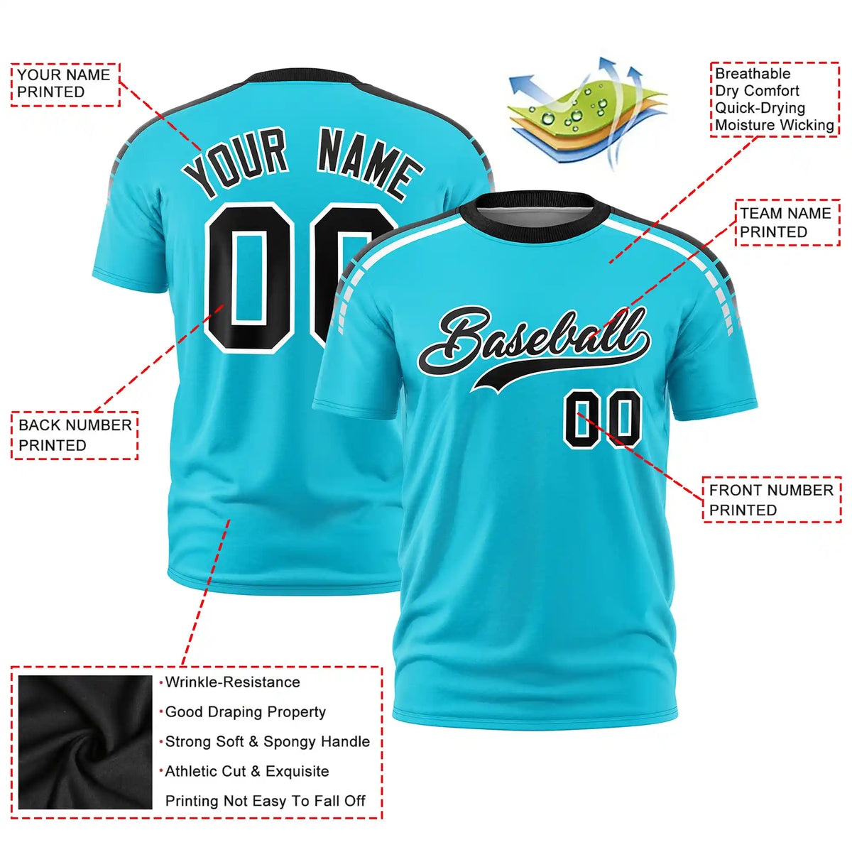 Custom Sky Blue Black-White Performance T-Shirt