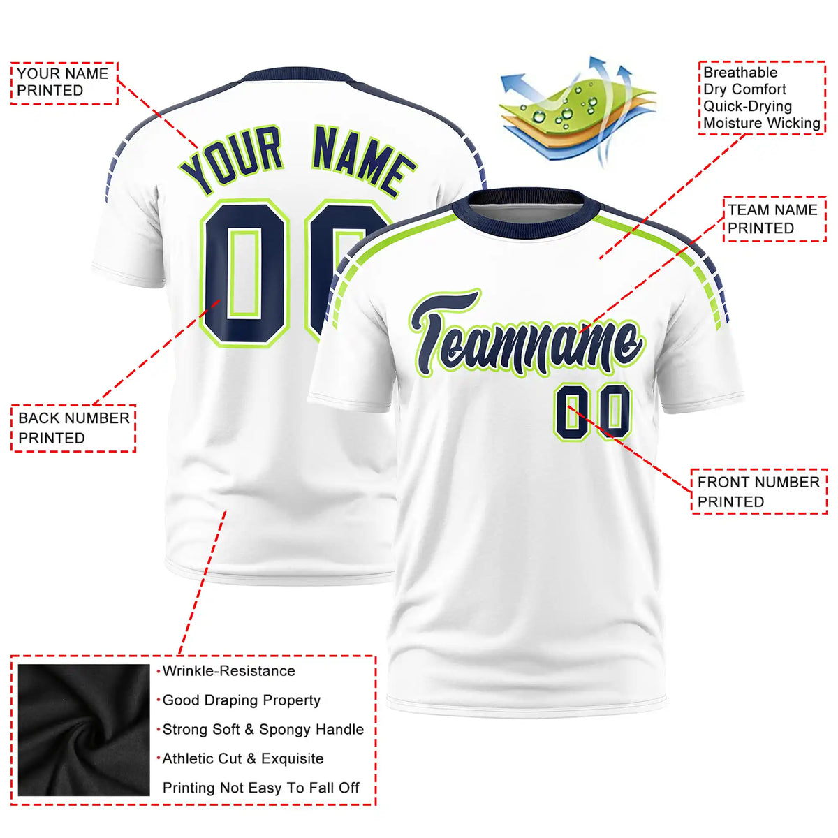 Custom White Navy-Neon Green Performance T-Shirt