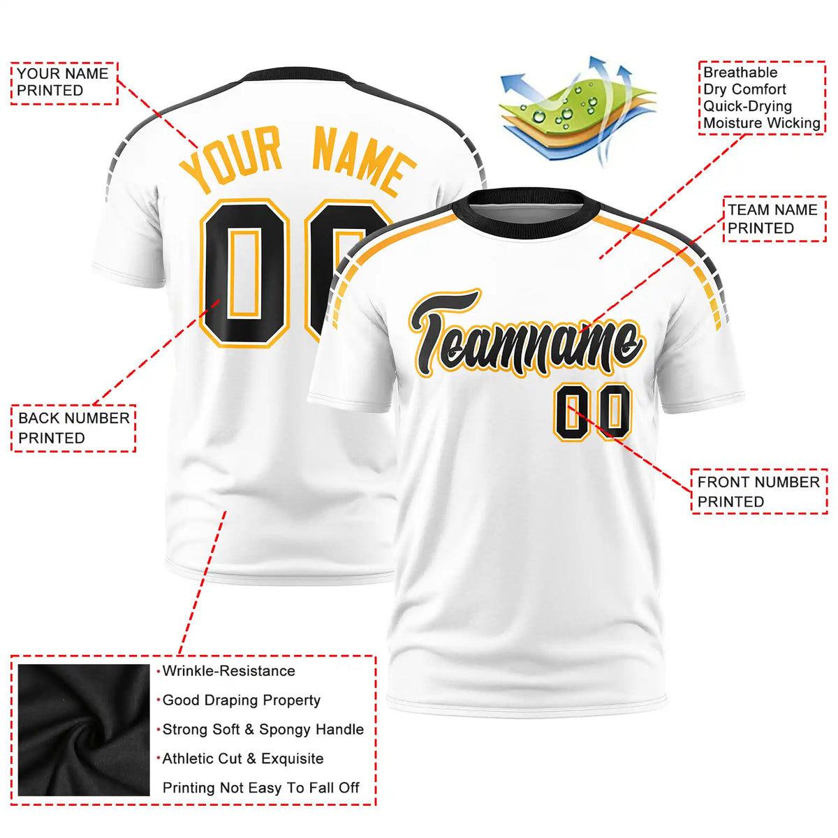 Custom White Black-Yellow Performance T-Shirt