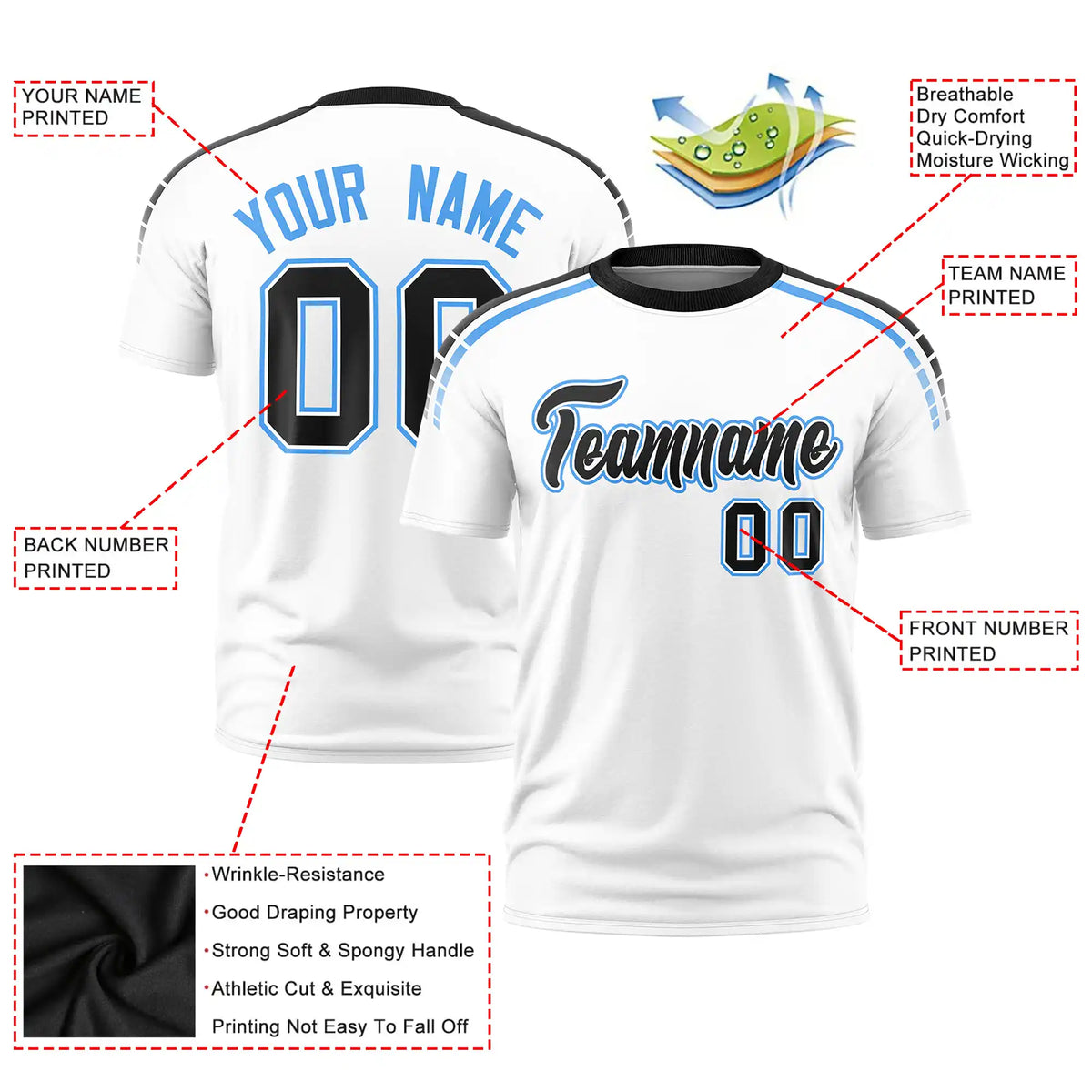 Custom White Black-Powder Blue Performance T-Shirt
