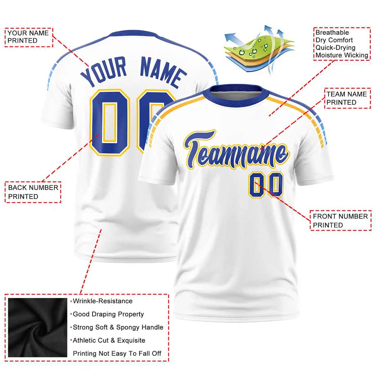 Custom White Royal Blue-Gold01 Performance T-Shirt