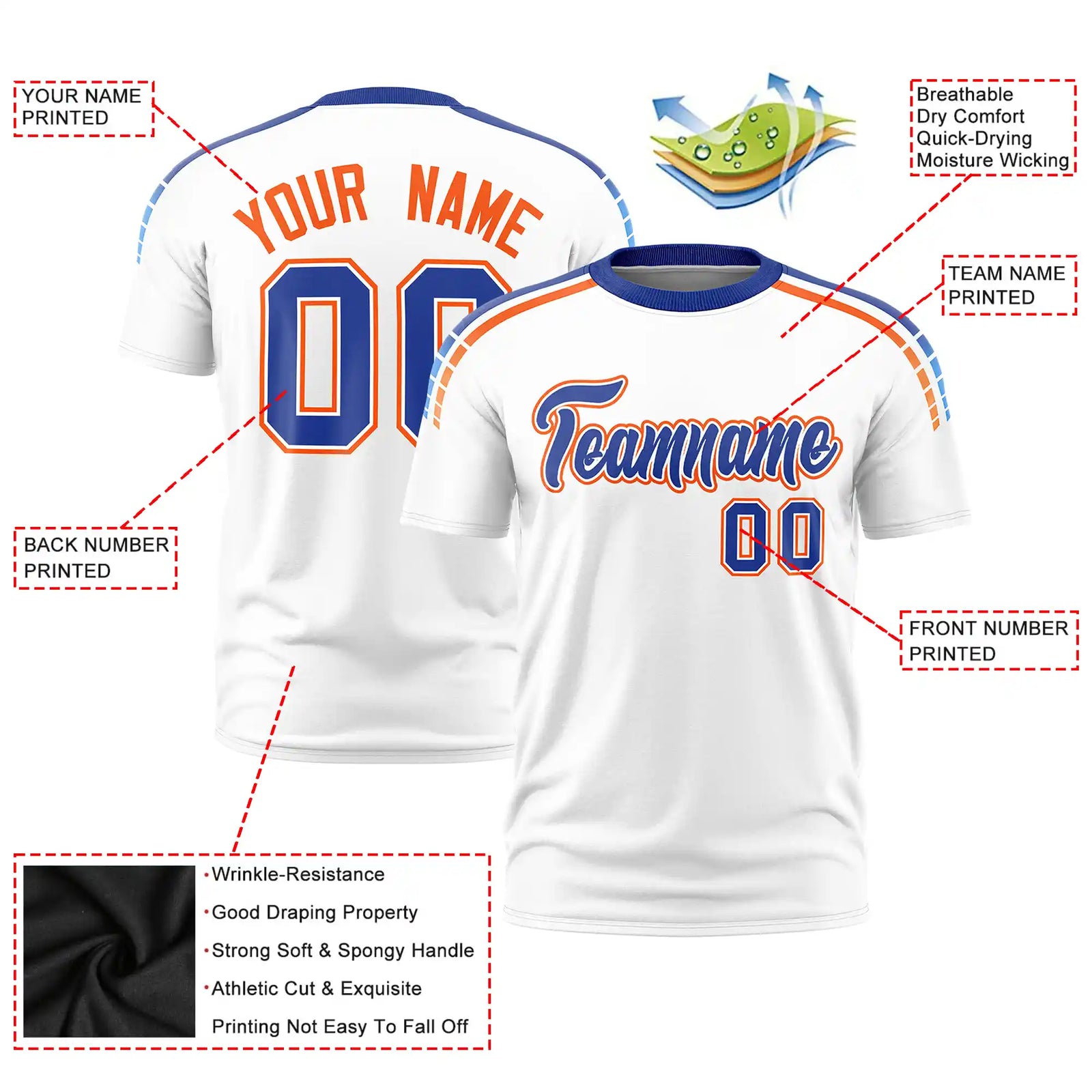 Custom White Royal Blue-Orange Performance T-Shirt