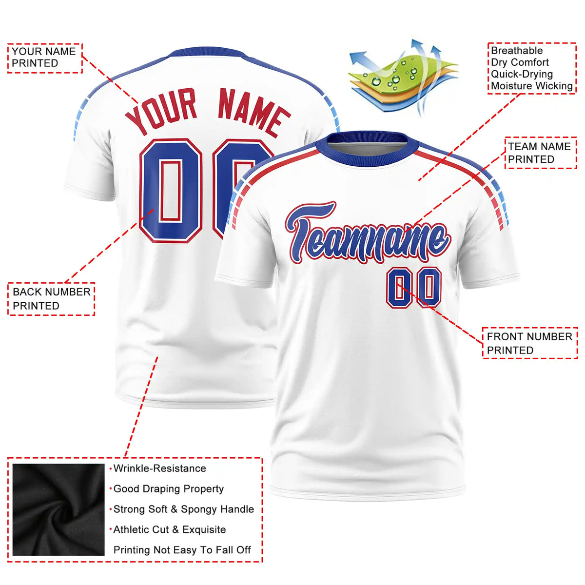 Custom White Royal Blue-Red Performance T-Shirt