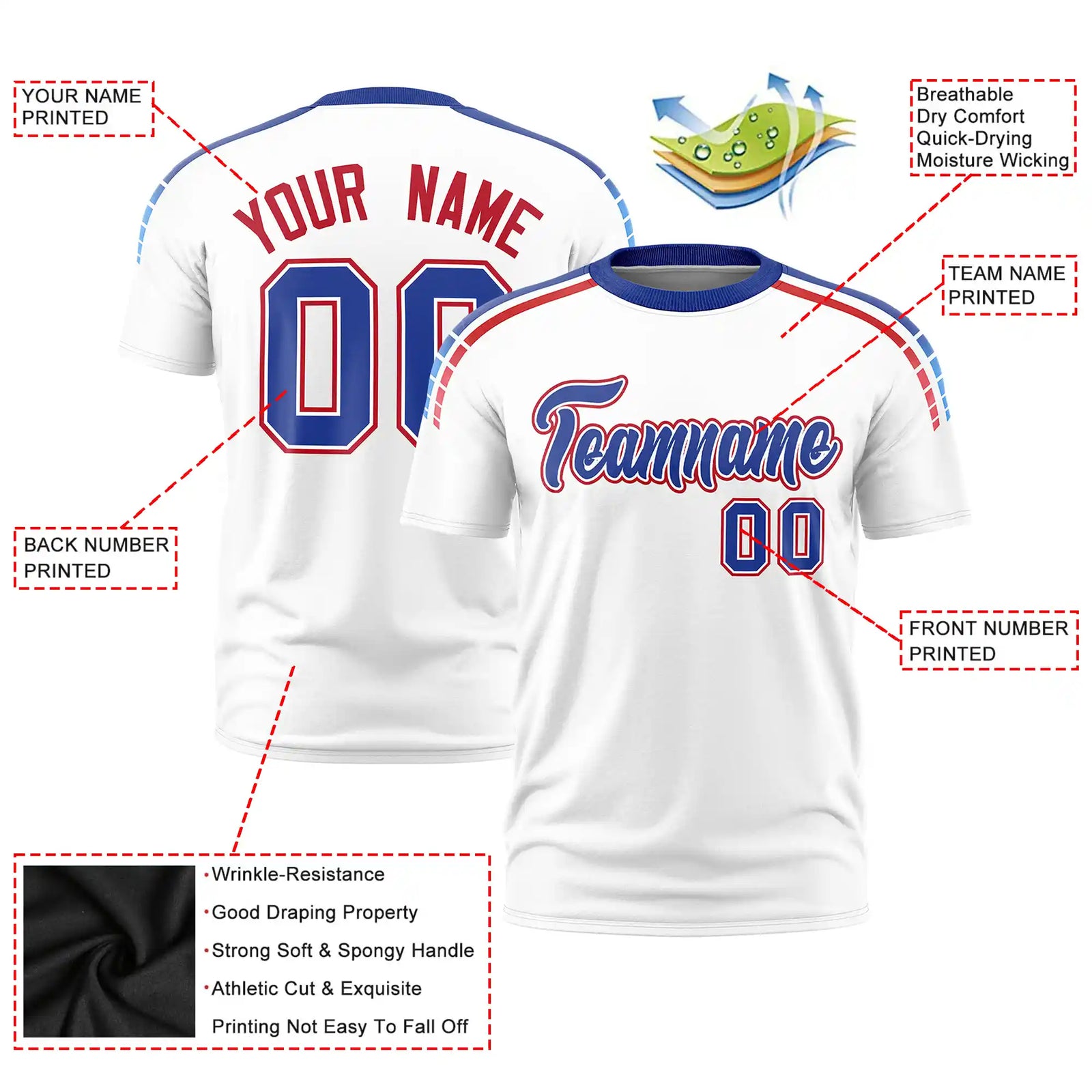 Custom White Royal Blue-Red Performance T-Shirt