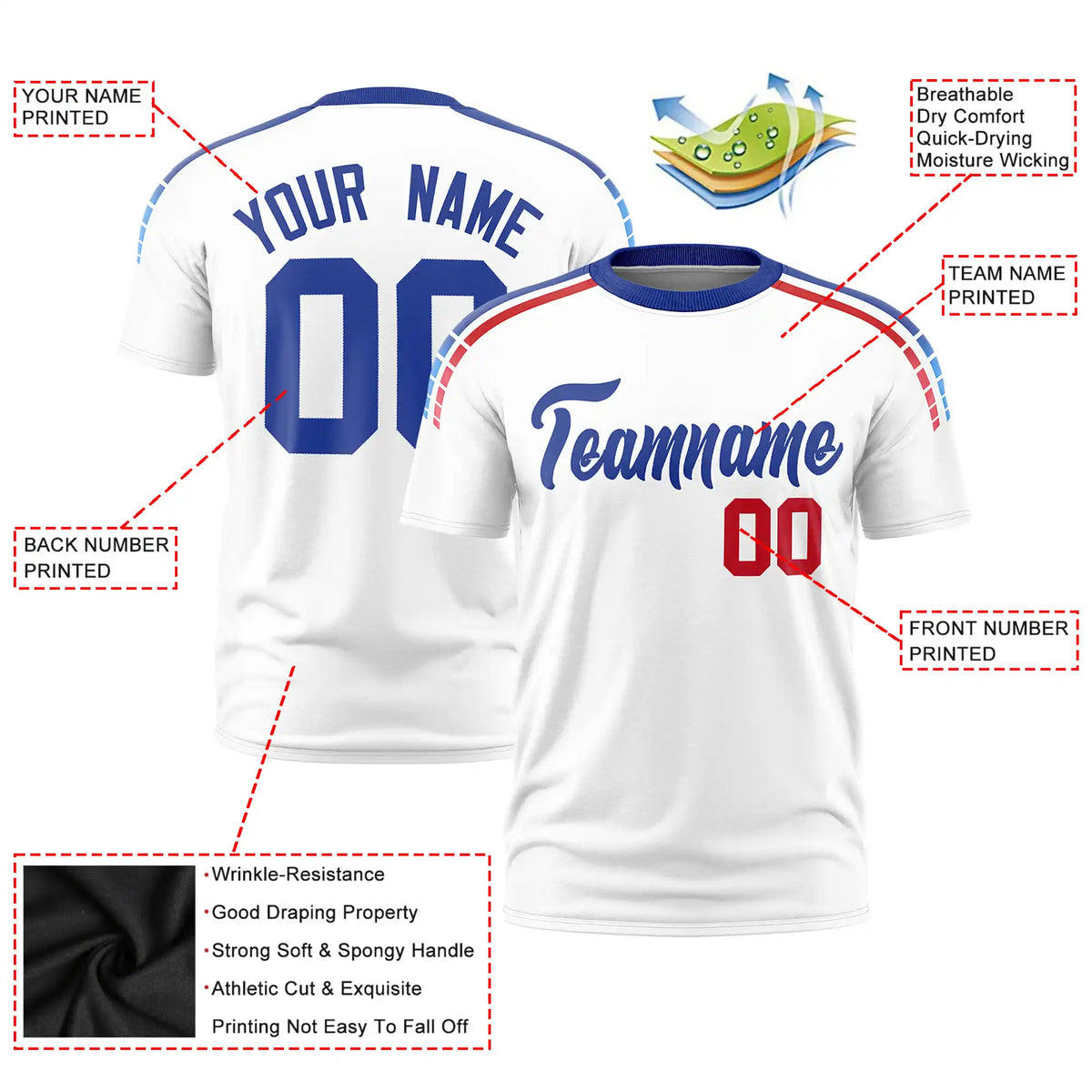Custom White Royal Blue-Red Performance T-Shirt