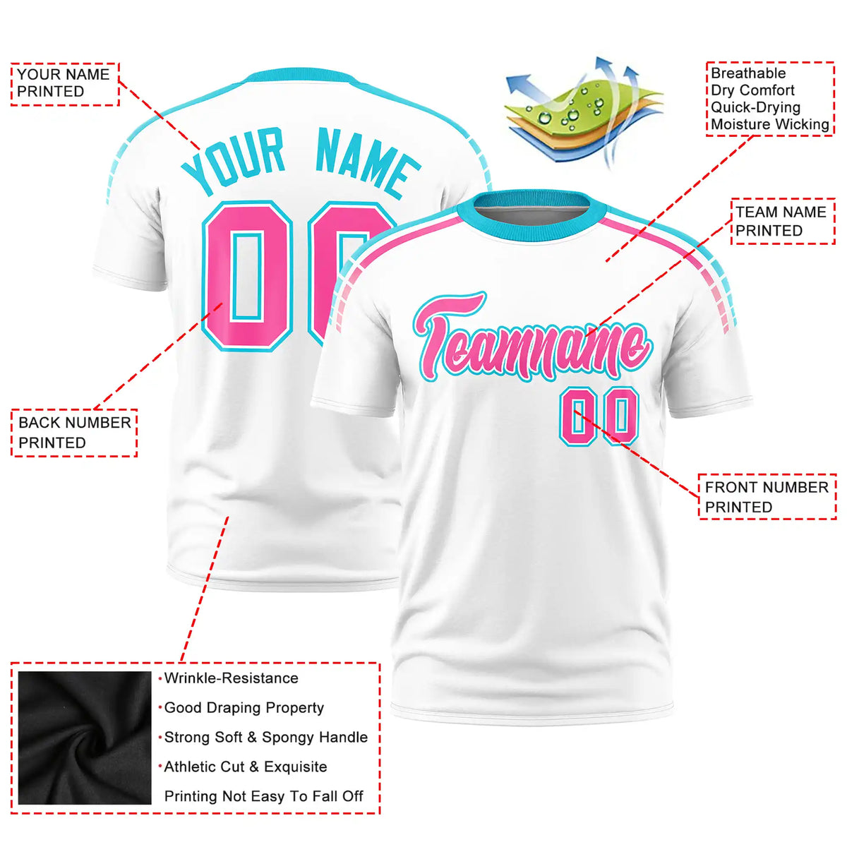 Custom White Sky Blue-Pink Performance T-Shirt