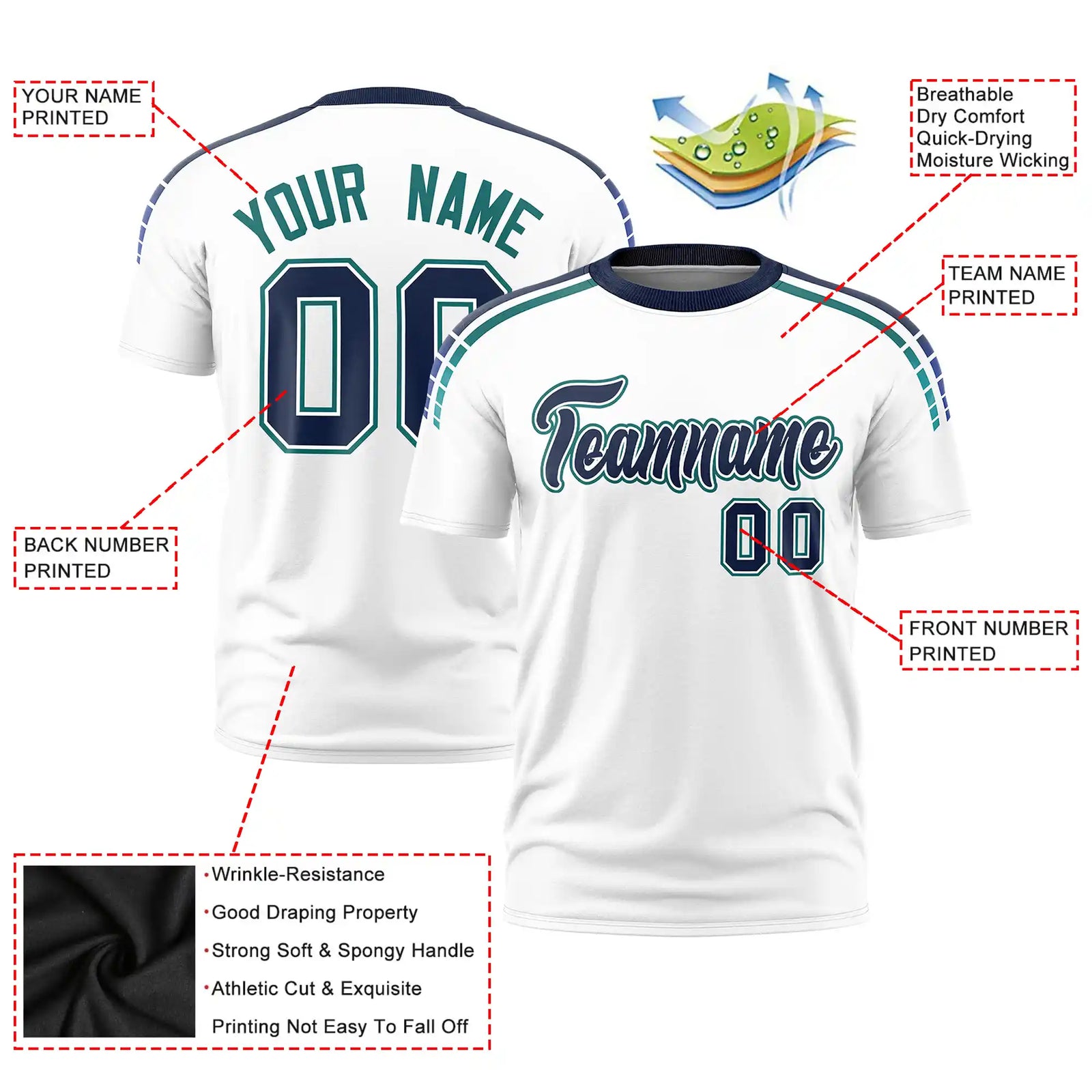 Custom White Navy-Aqua Performance T-Shirt
