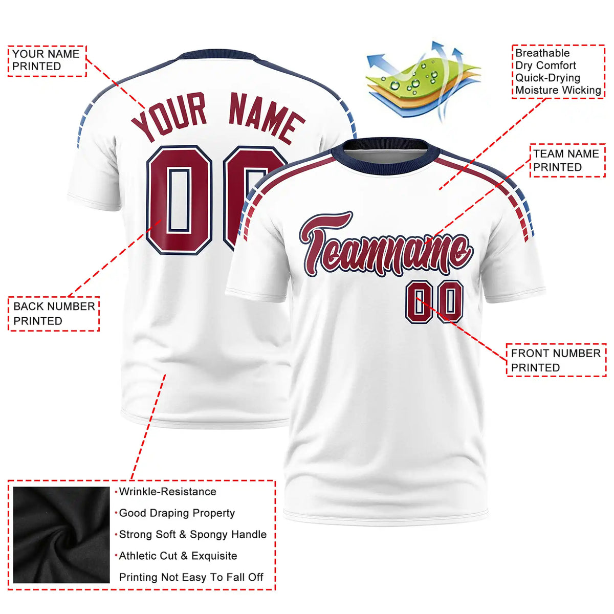 Custom White Navy-Crimson Performance T-Shirt