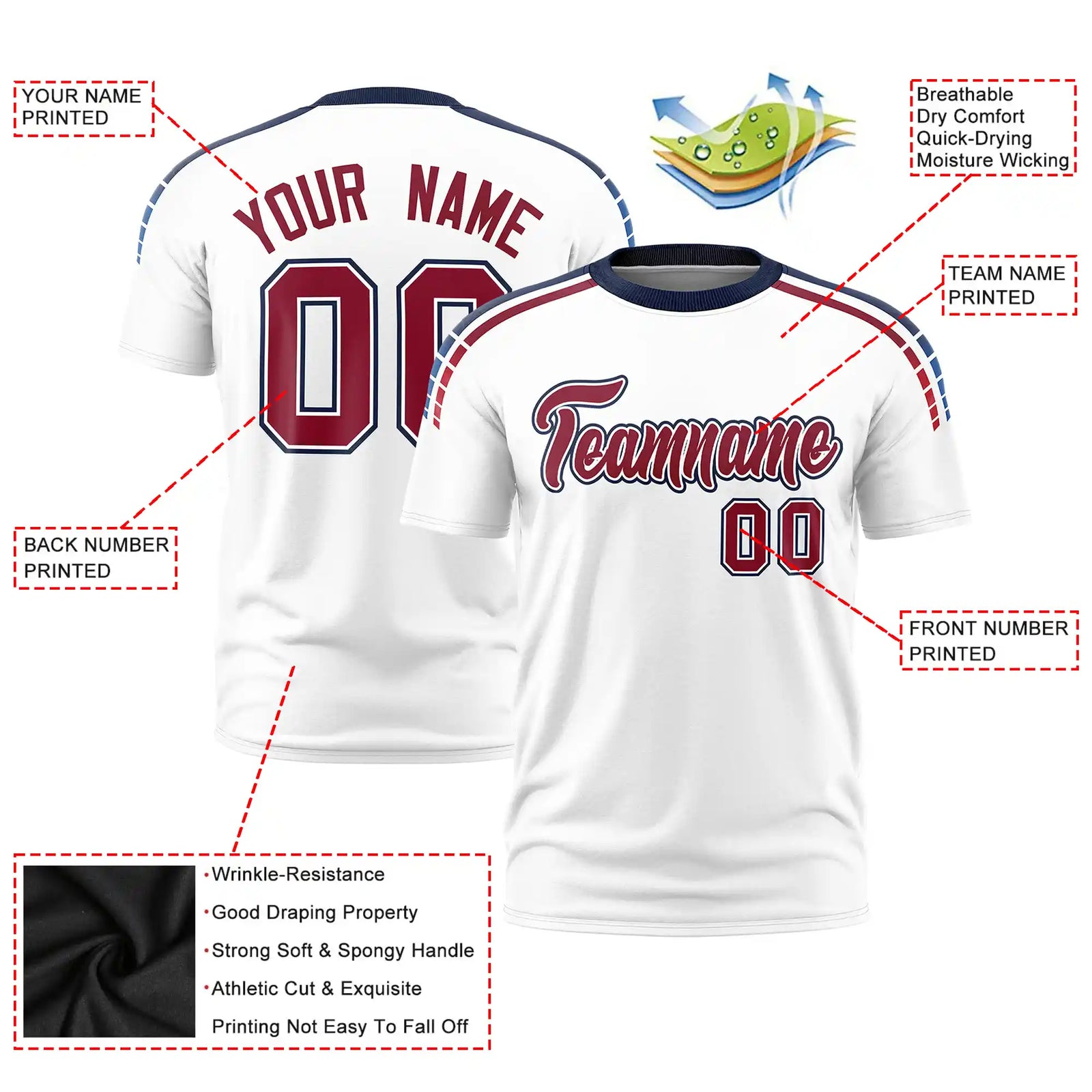 Custom White Navy-Crimson Performance T-Shirt