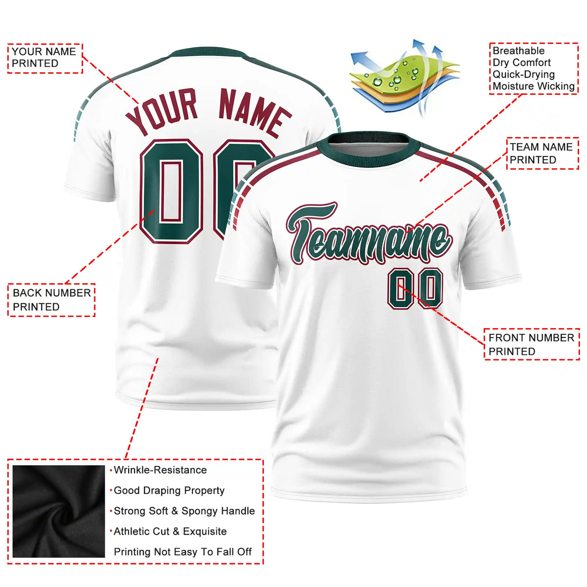 Custom White Midnight Green-Crimson Performance T-Shirt