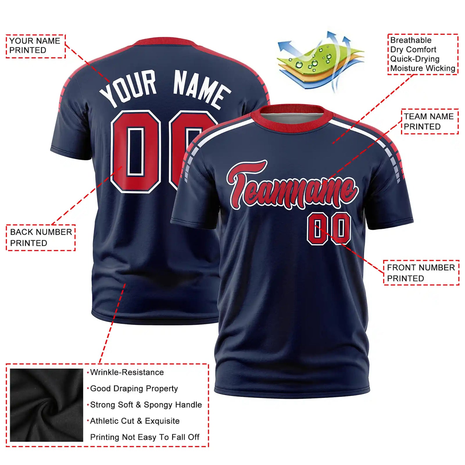 Custom Navy Red-White Performance T-Shirt