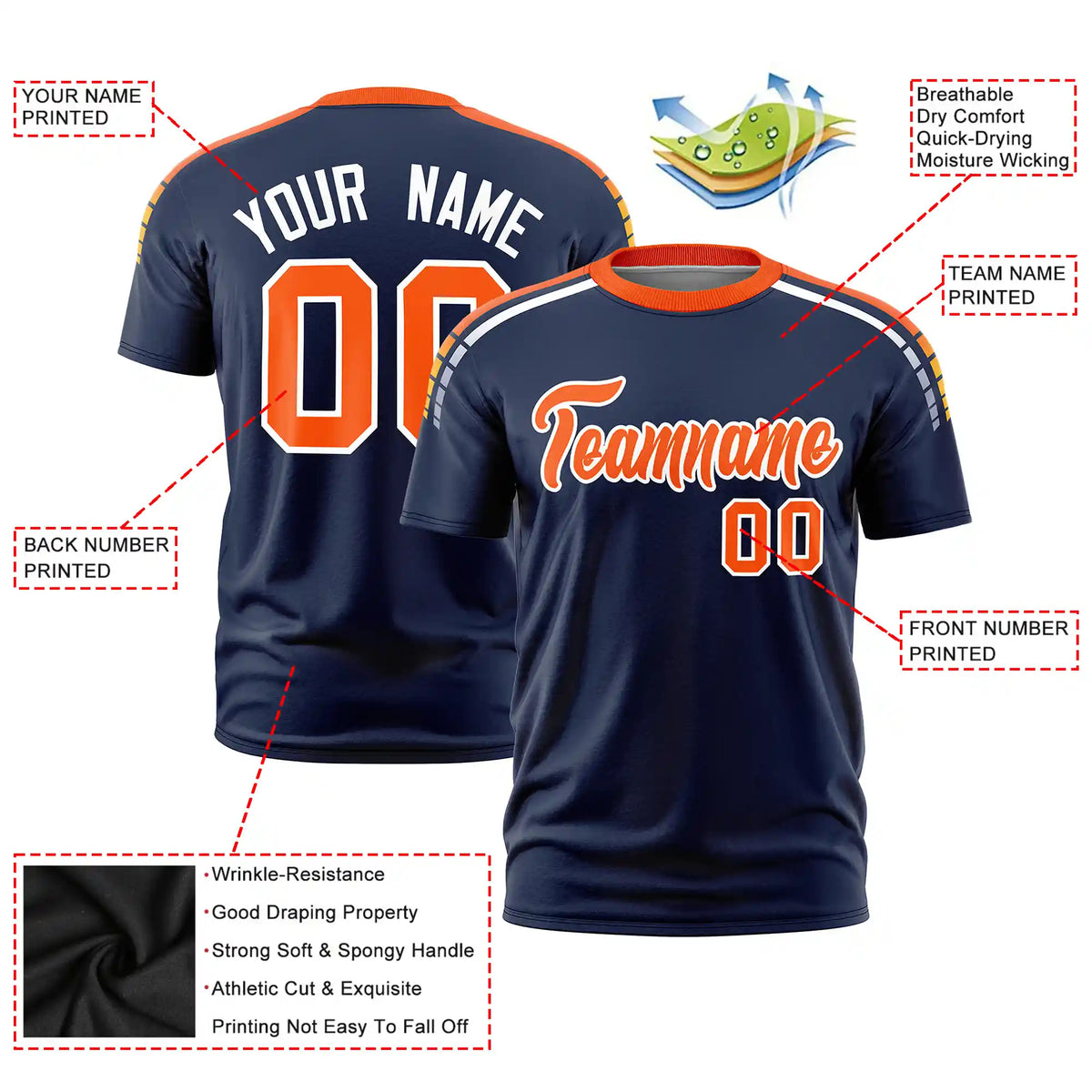 Custom Navy Orange-White Performance T-Shirt