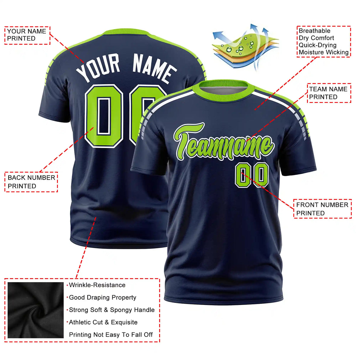 Custom Navy Neon Green-White Performance T-Shirt