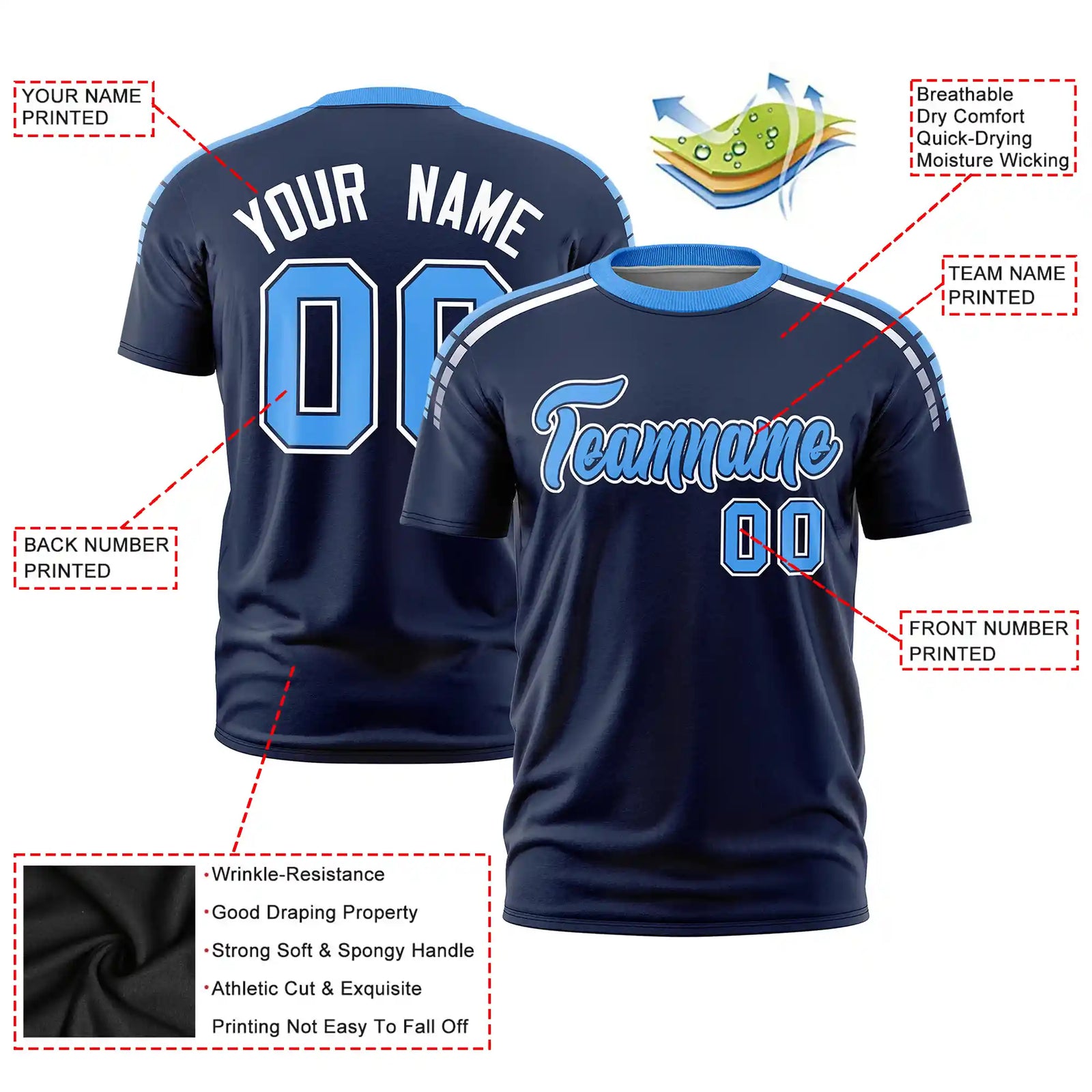 Custom Navy Powder Blue-White Performance T-Shirt