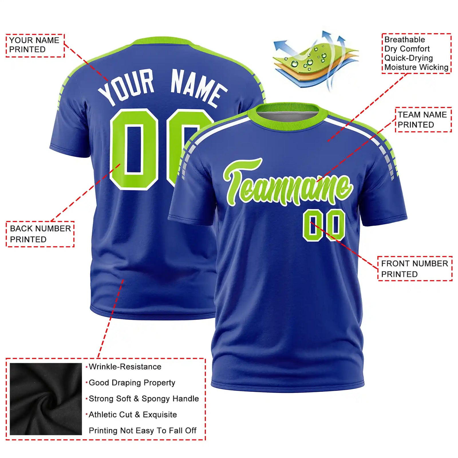 Custom Royal Blue Neon Green-White Performance T-Shirt