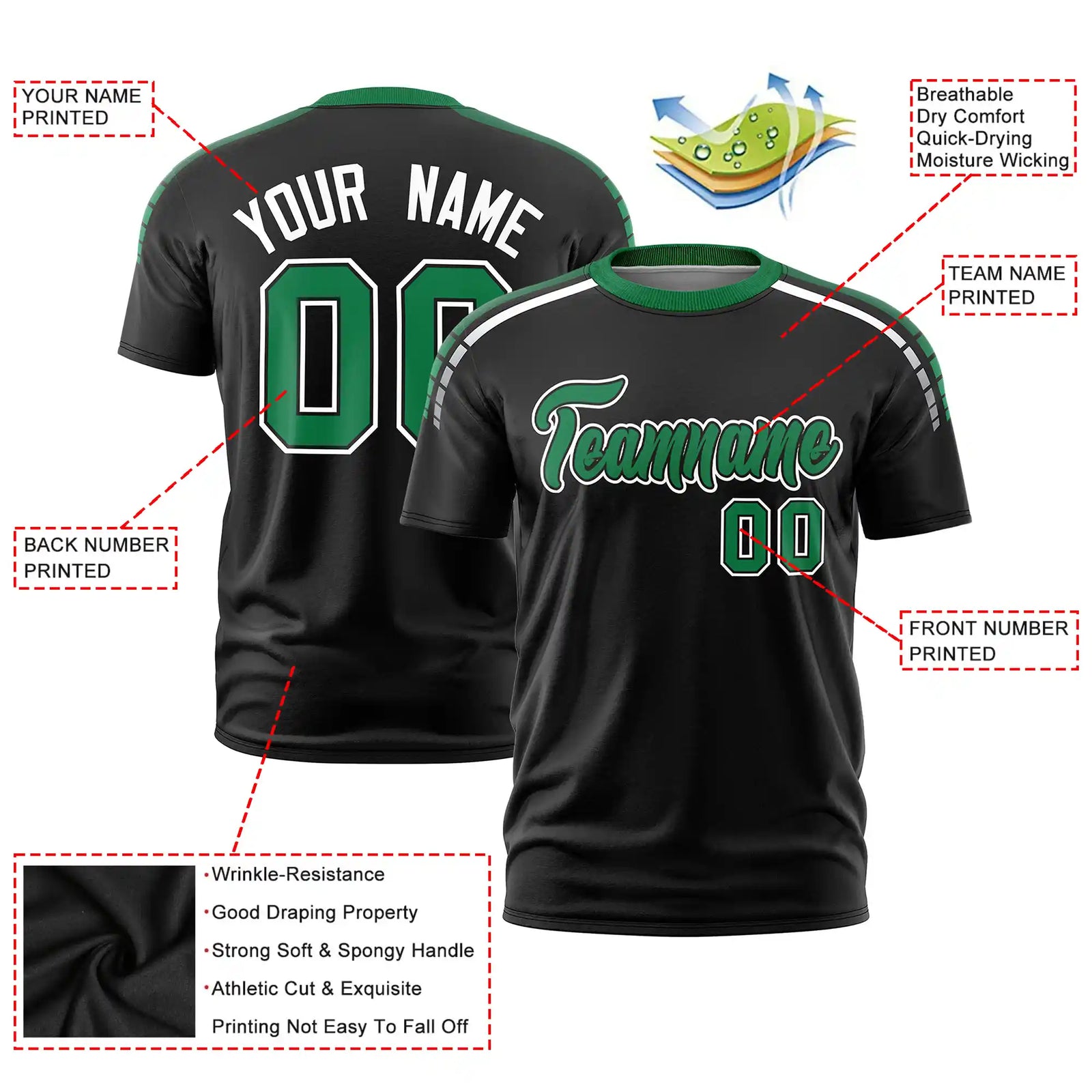 Custom Black Kelly Green-White Performance T-Shirt