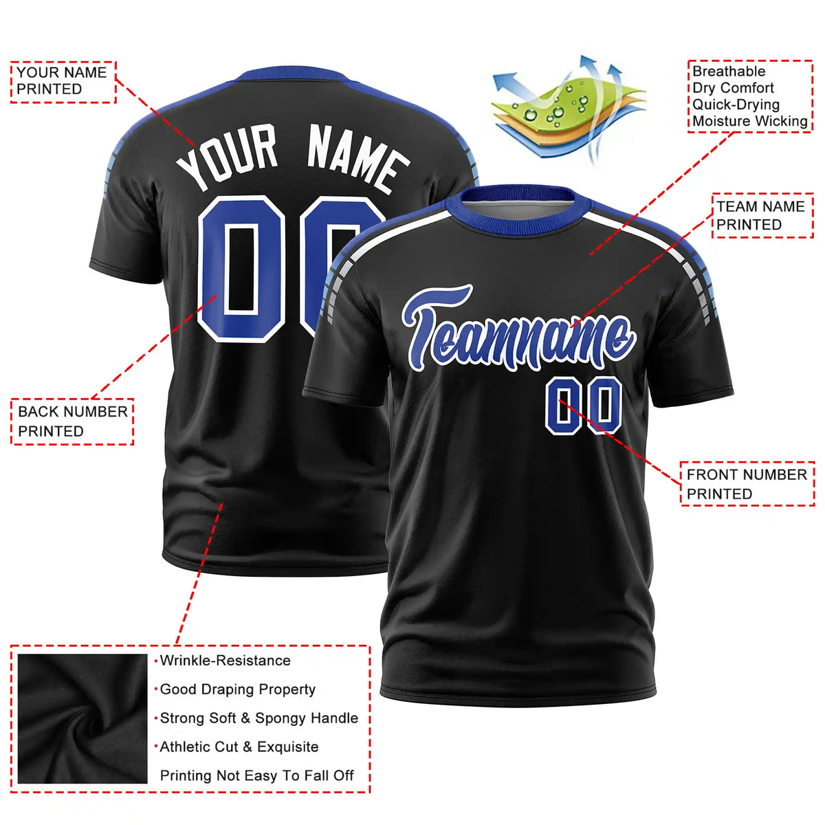 Custom Black Royal Blue-White Performance T-Shirt