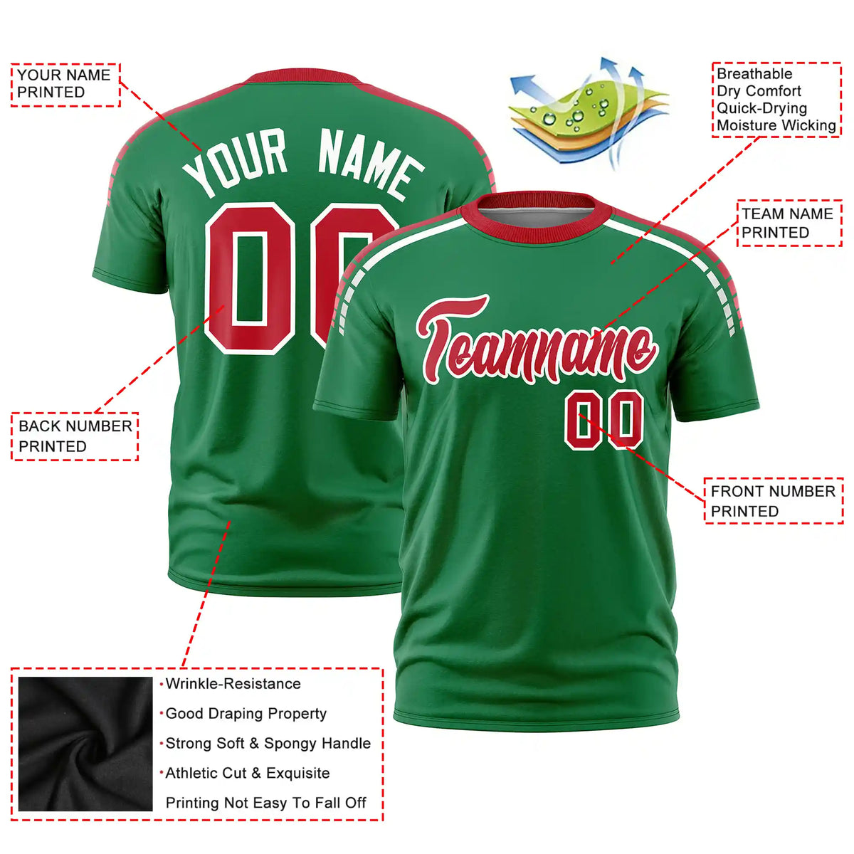 Custom Kelly Green Red-White Performance T-Shirt