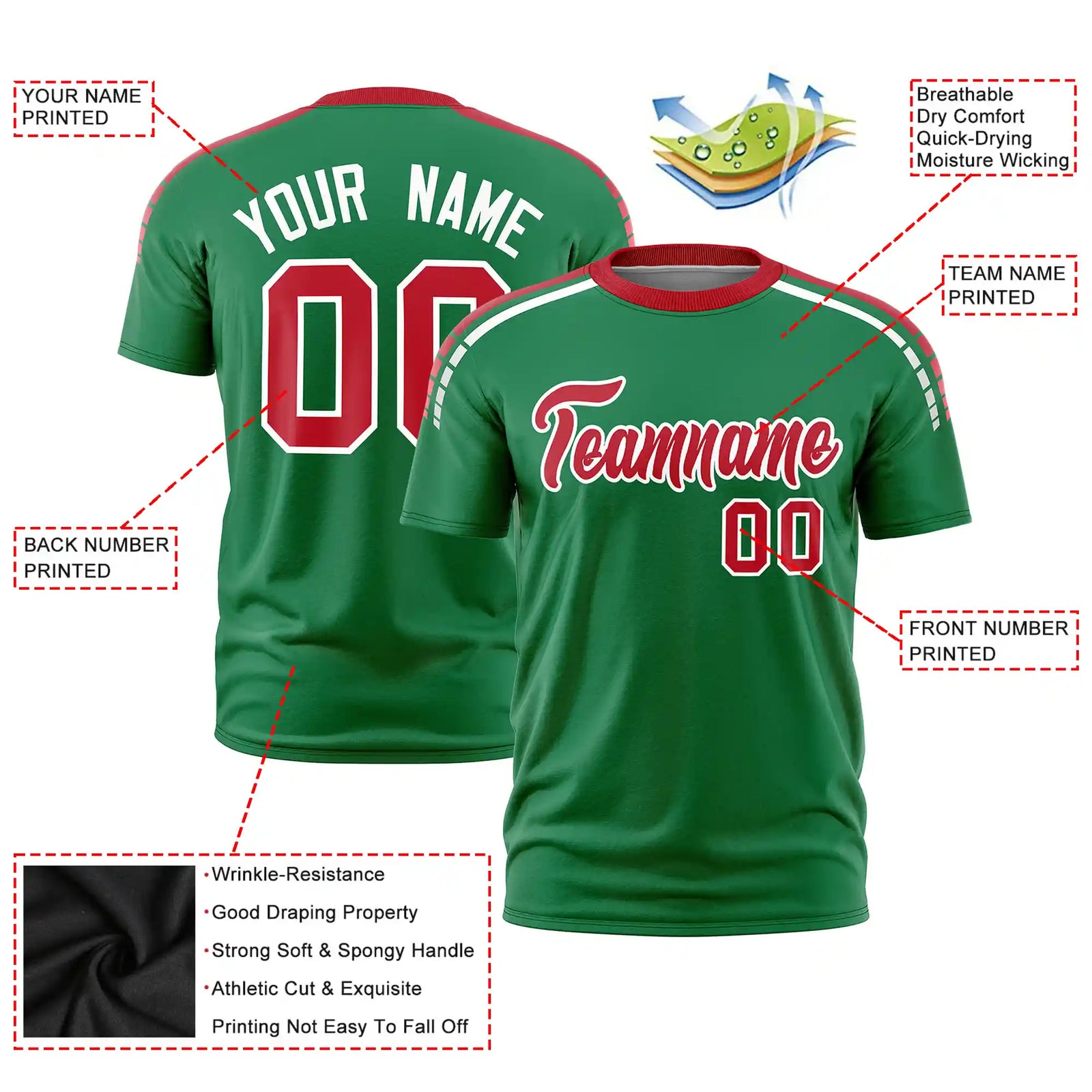 Custom Kelly Green Red-White Performance T-Shirt