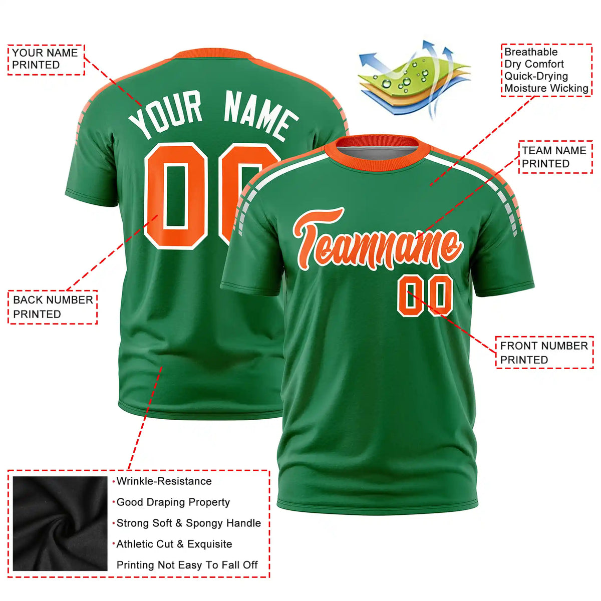 Custom Kelly Green Orange-White Performance T-Shirt