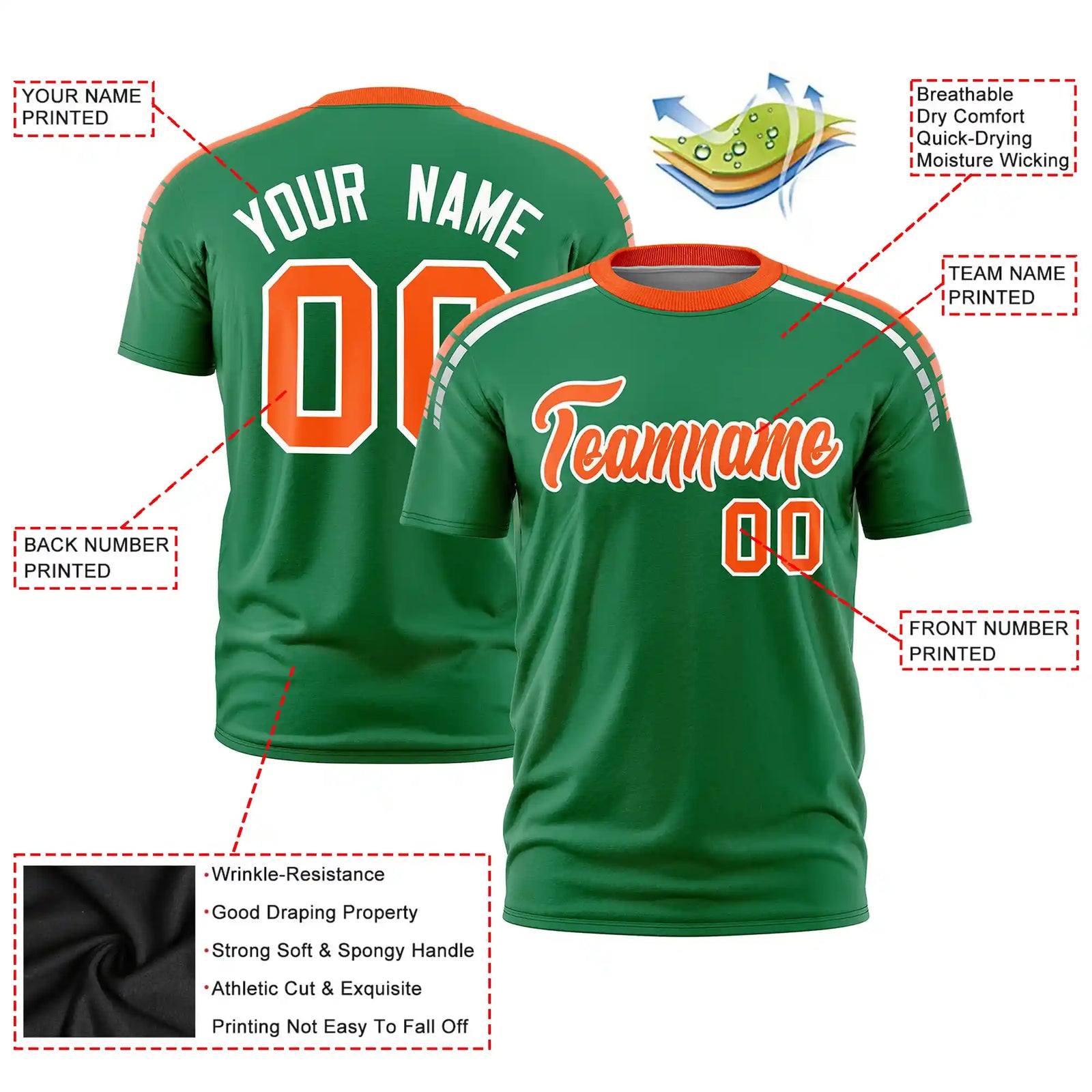 Custom Kelly Green Orange-White Performance T-Shirt