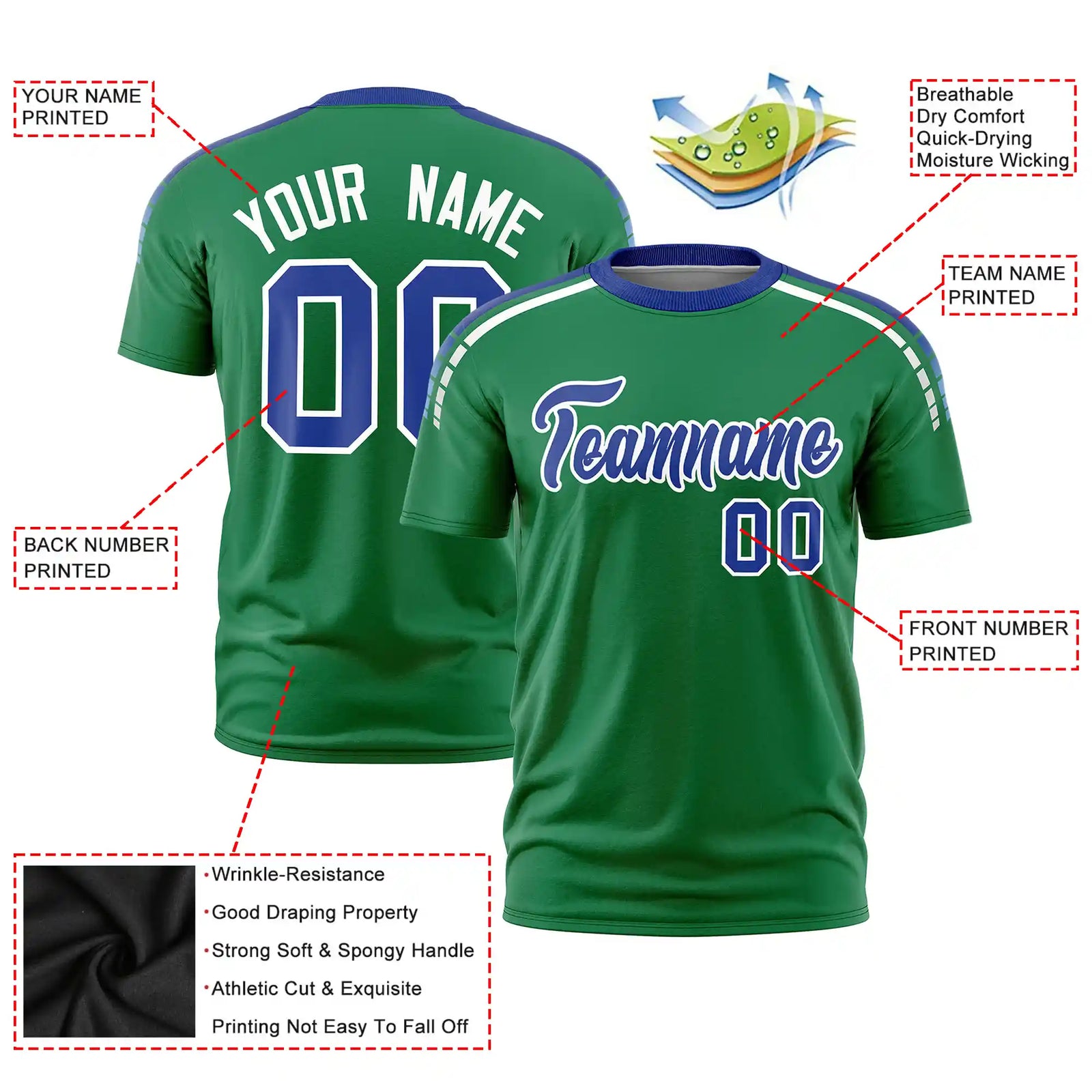 Custom Kelly Green Royal Blue-White Performance T-Shirt