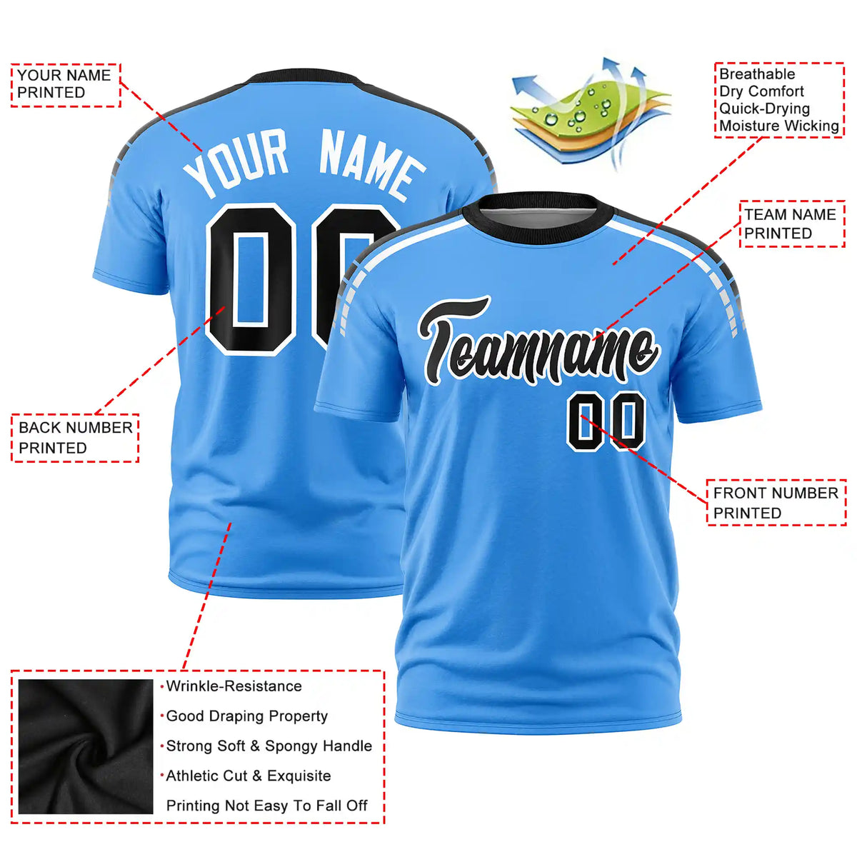 Custom Powder Blue Black-White Performance T-Shirt