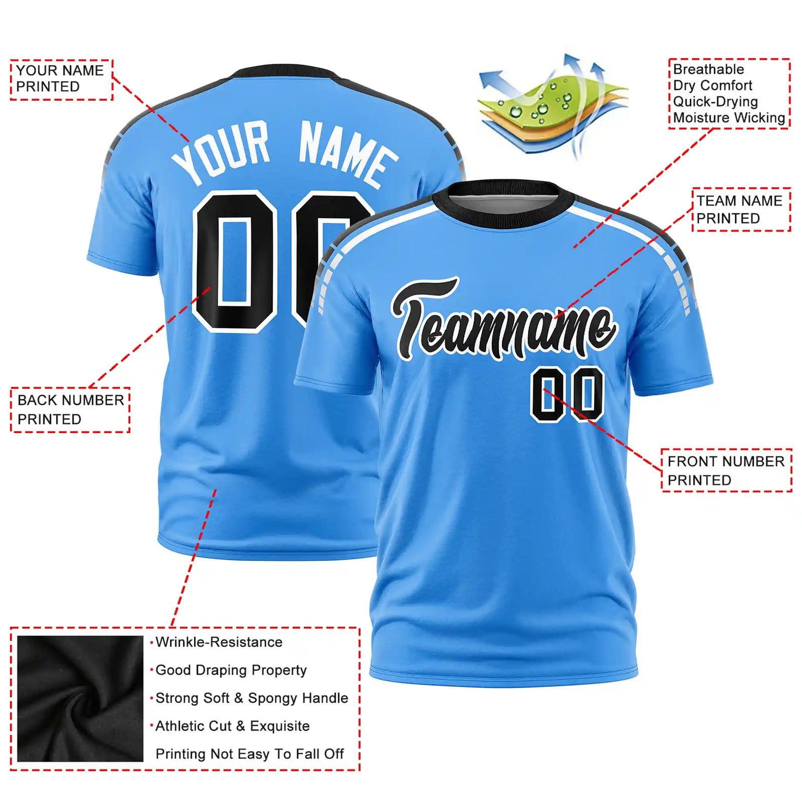 Custom Powder Blue Black-White Performance T-Shirt
