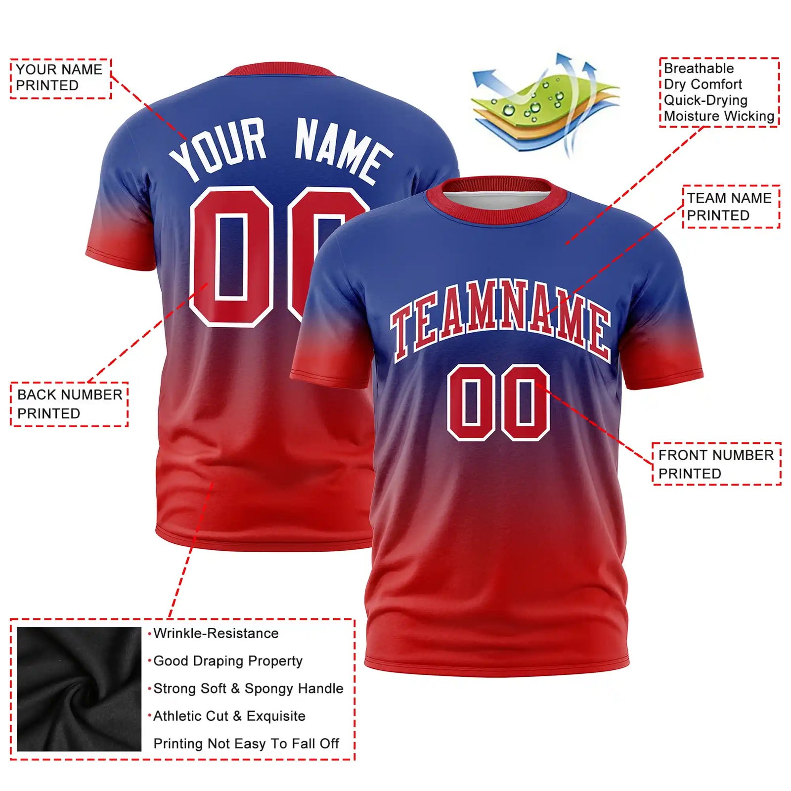 Custom Royal Blue-Red Gradient Fashion Design Performance T-Shirt