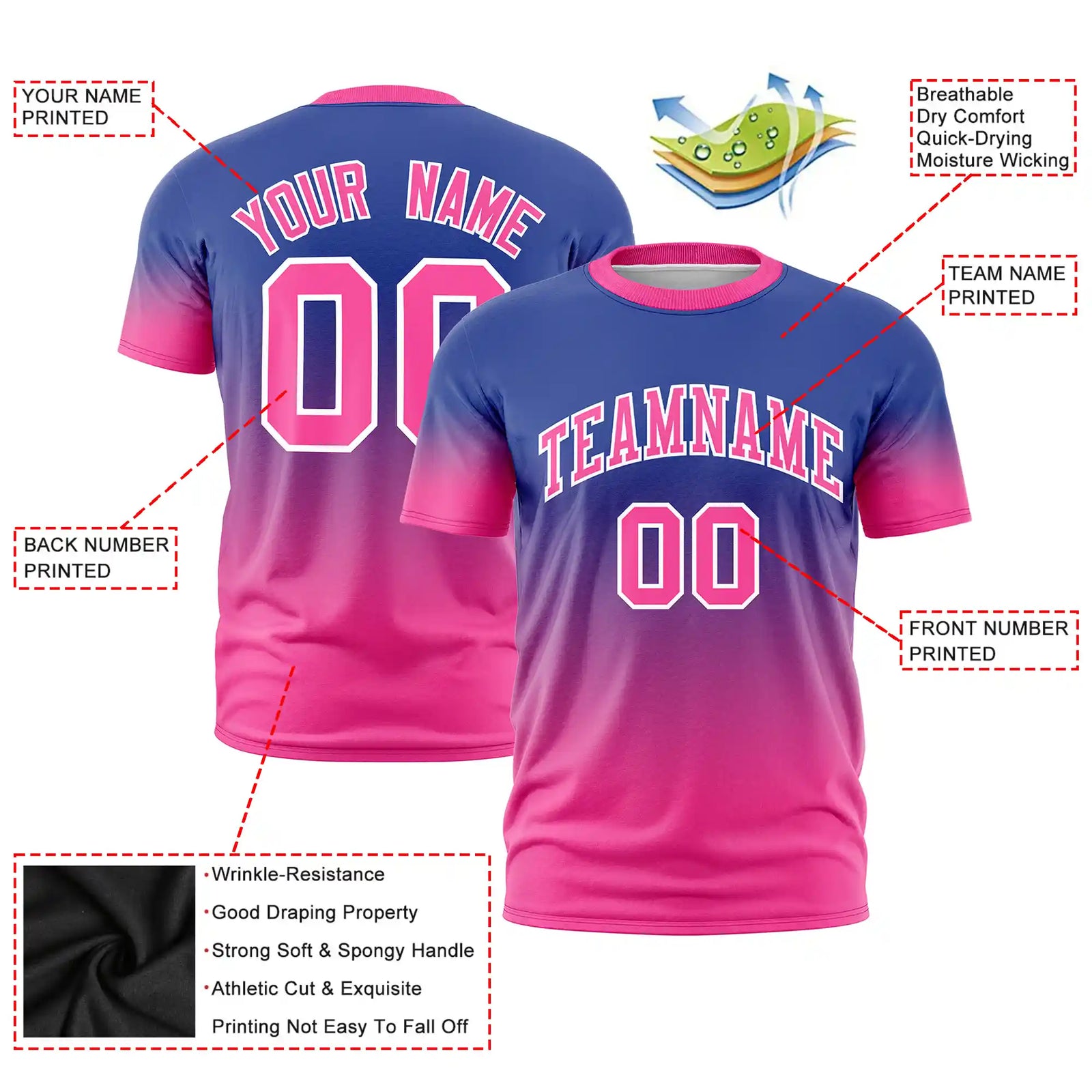 Custom Royal Blue-Pink Gradient Fashion Design Performance T-Shirt