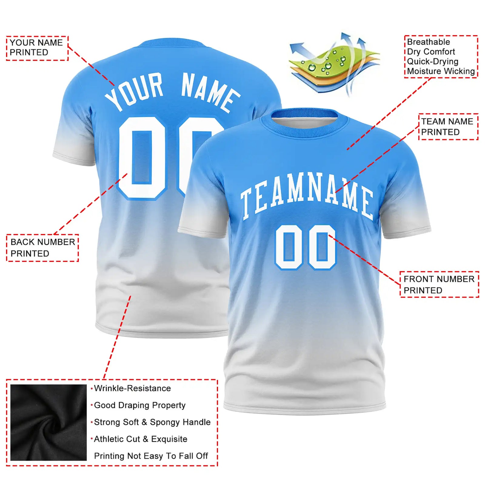Custom Powder Blue-Gray Gradient Fashion Design Performance T-Shirt