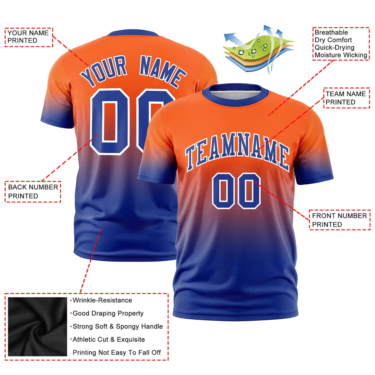 Custom Orange-Royal Blue Gradient Fashion Design Performance T-Shirt