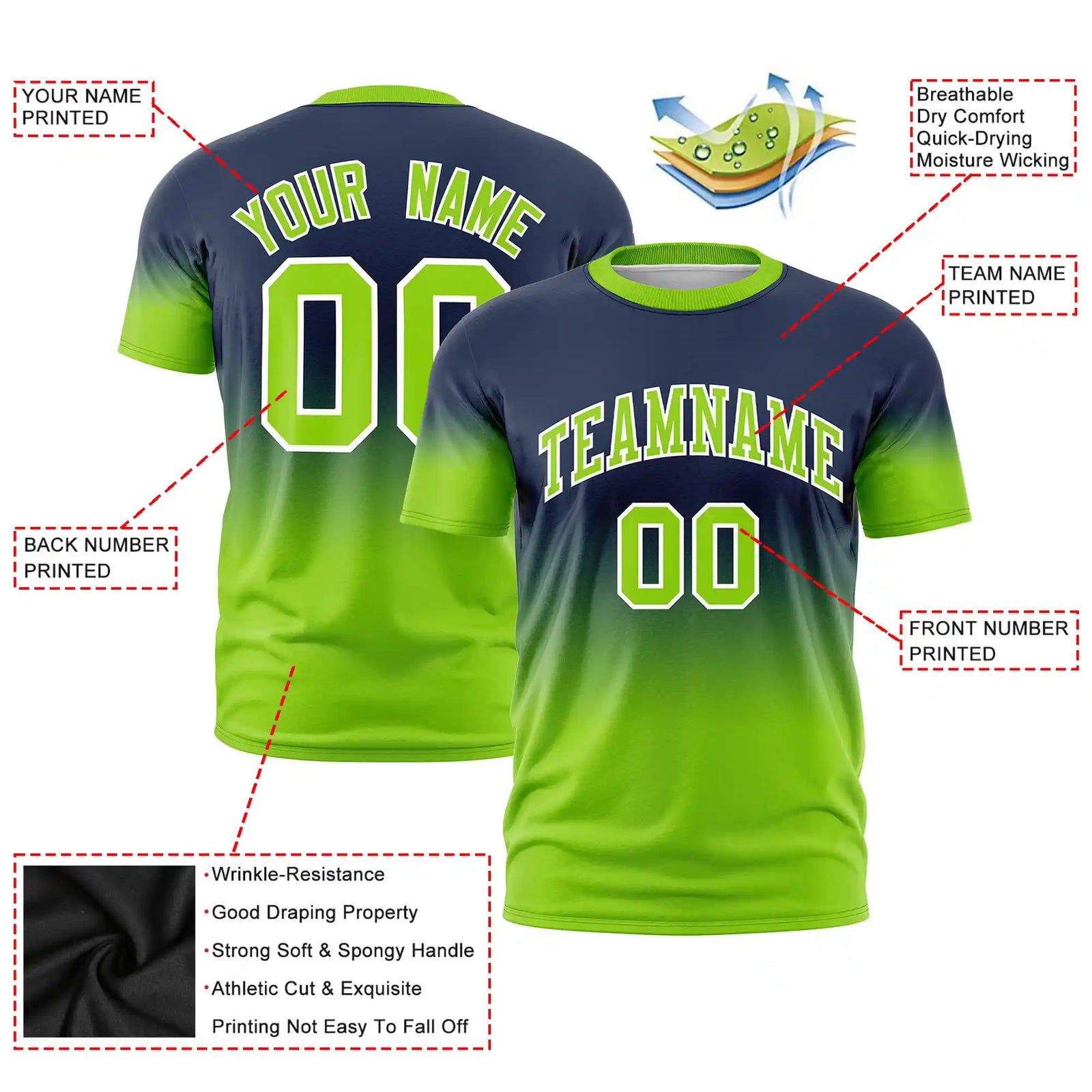 Custom Navy-Neon Green Gradient Fashion Design Performance T-Shirt