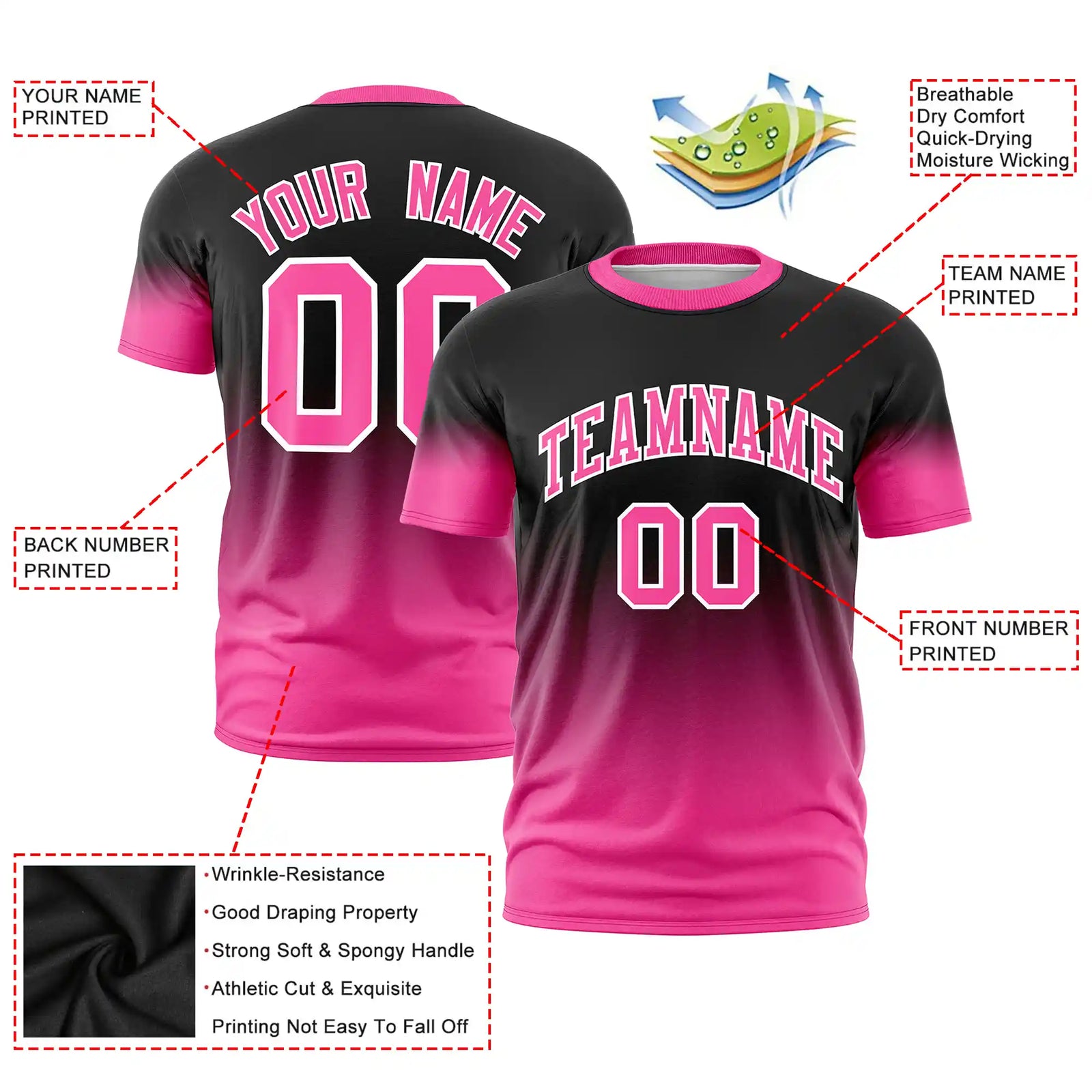 Custom Black-Pink Gradient Fashion Design Performance T-Shirt