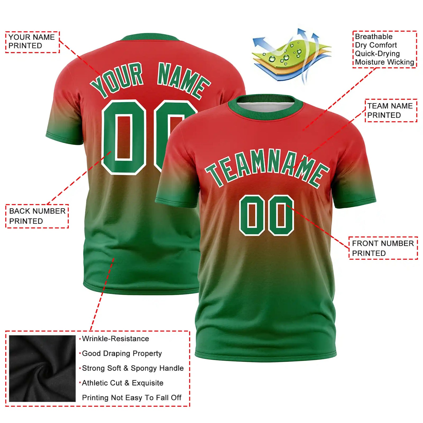 Custom Red-Kelly Green Gradient Fashion Design Performance T-Shirt