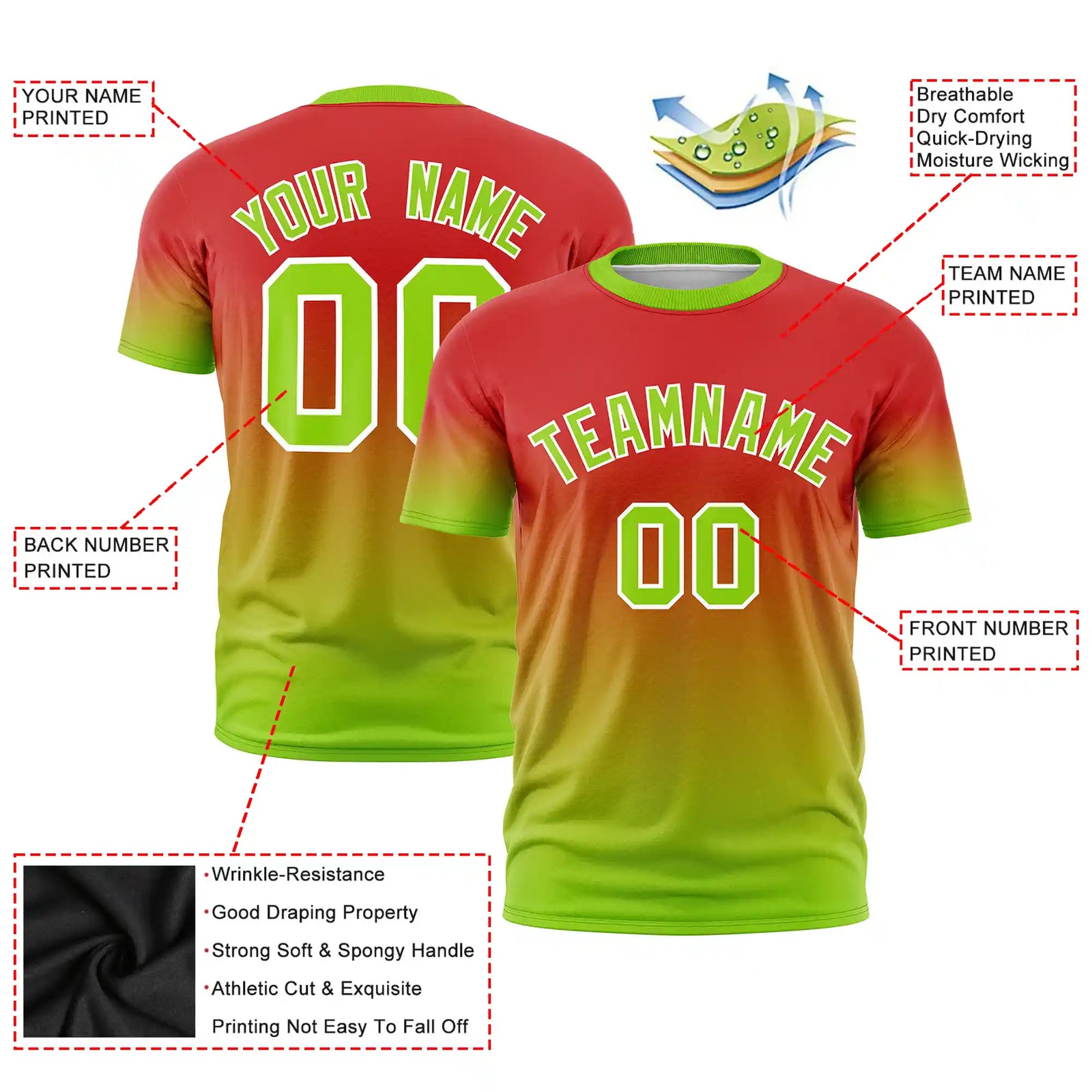 Custom Red-Neon Green Gradient Fashion Design Performance T-Shirt