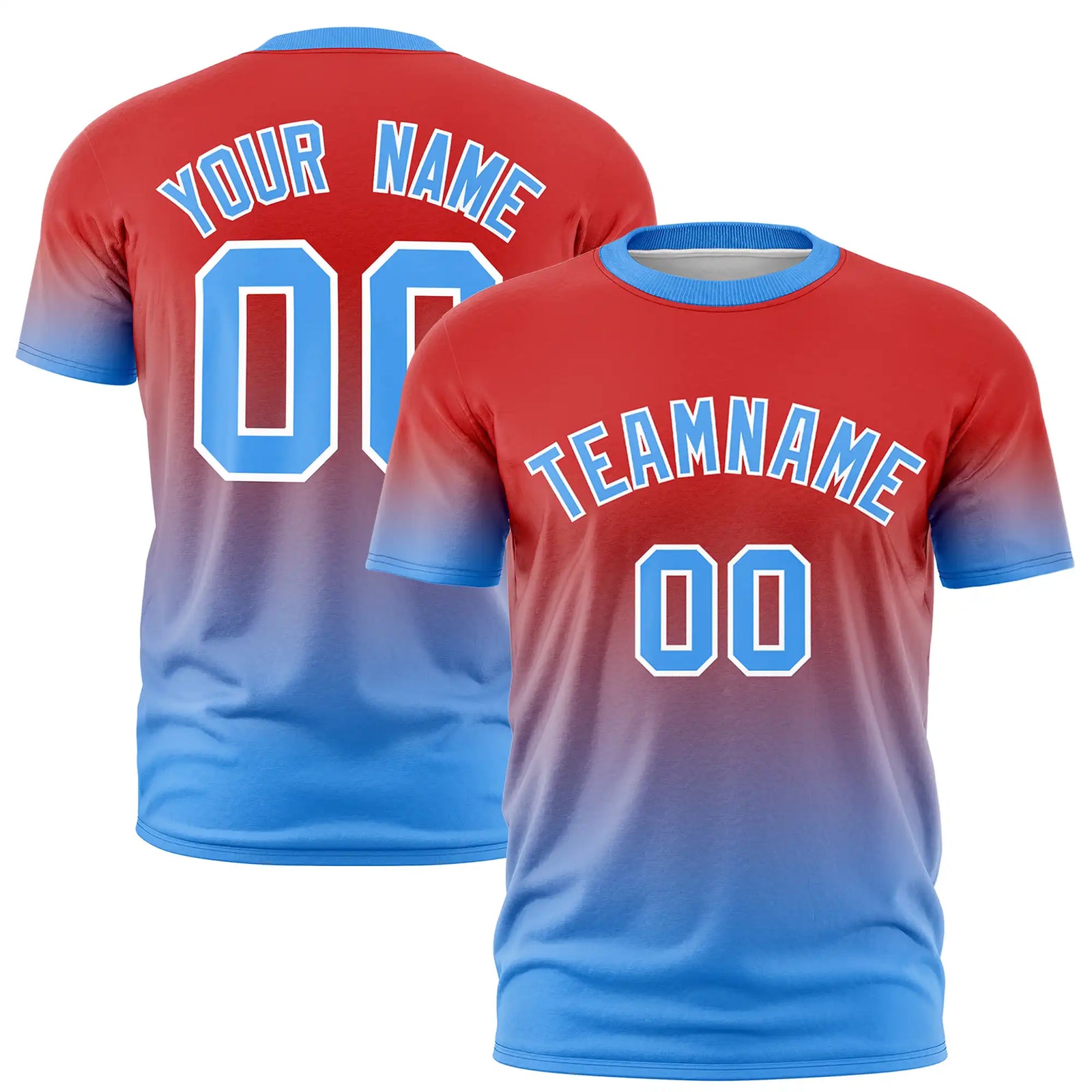 Custom Red-Powder Blue Gradient Fashion Design Performance T-Shirt