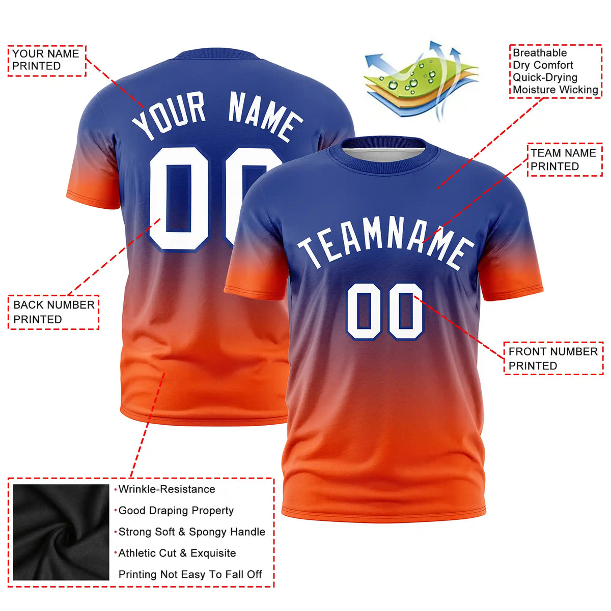 Custom Royal Blue-Orange Gradient Fashion Design Performance T-Shirt