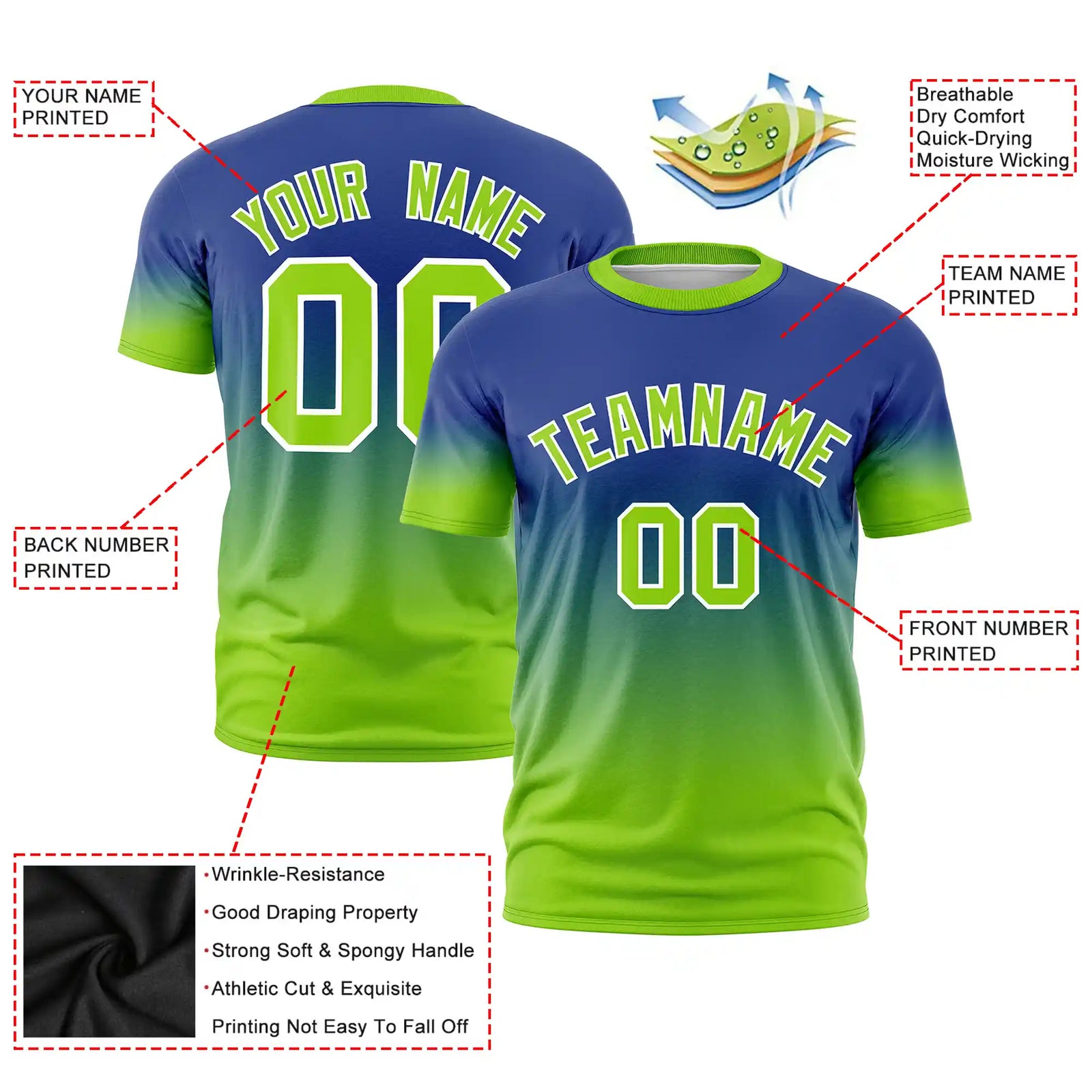 Custom Royal Blue-Neon Green Gradient Fashion Design Performance T-Shirt