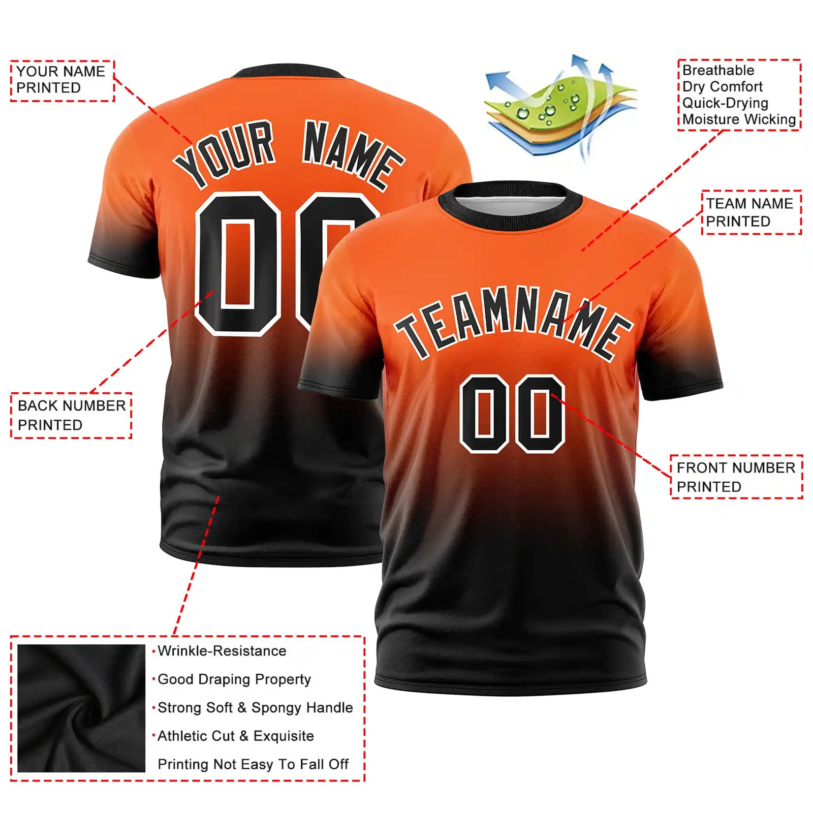 Custom Orange-Black Gradient Fashion Design Performance T-Shirt