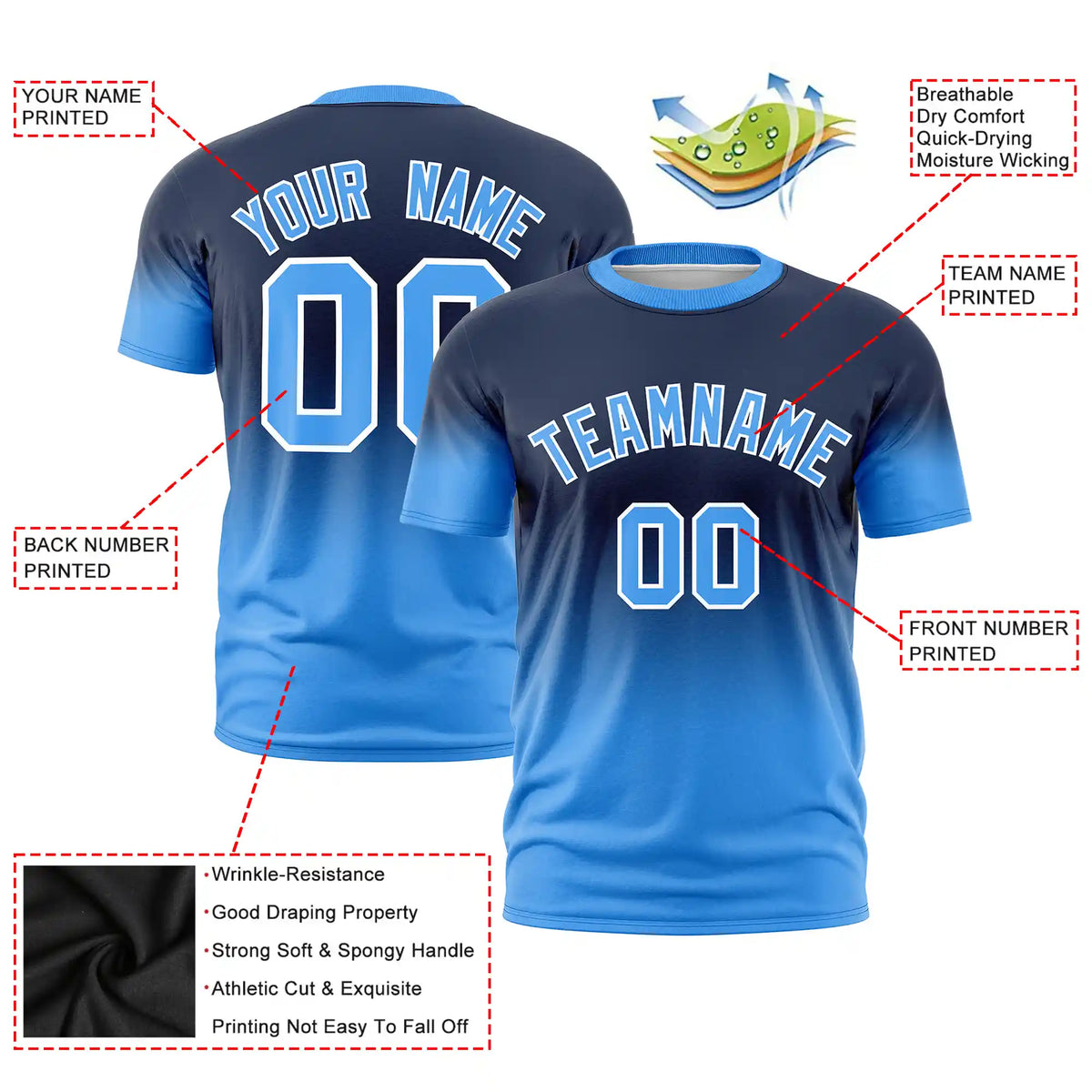 Custom Navy-Powder Blue Gradient Fashion Design Performance T-Shirt