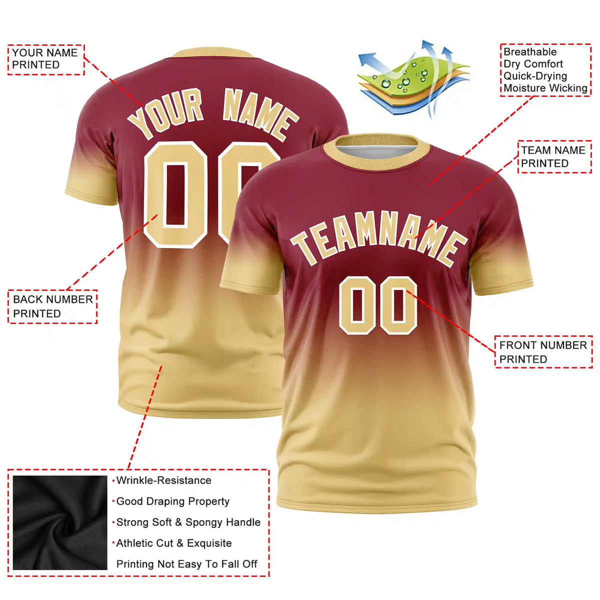 Custom Crimson-Khaki Gradient Fashion Design Performance T-Shirt