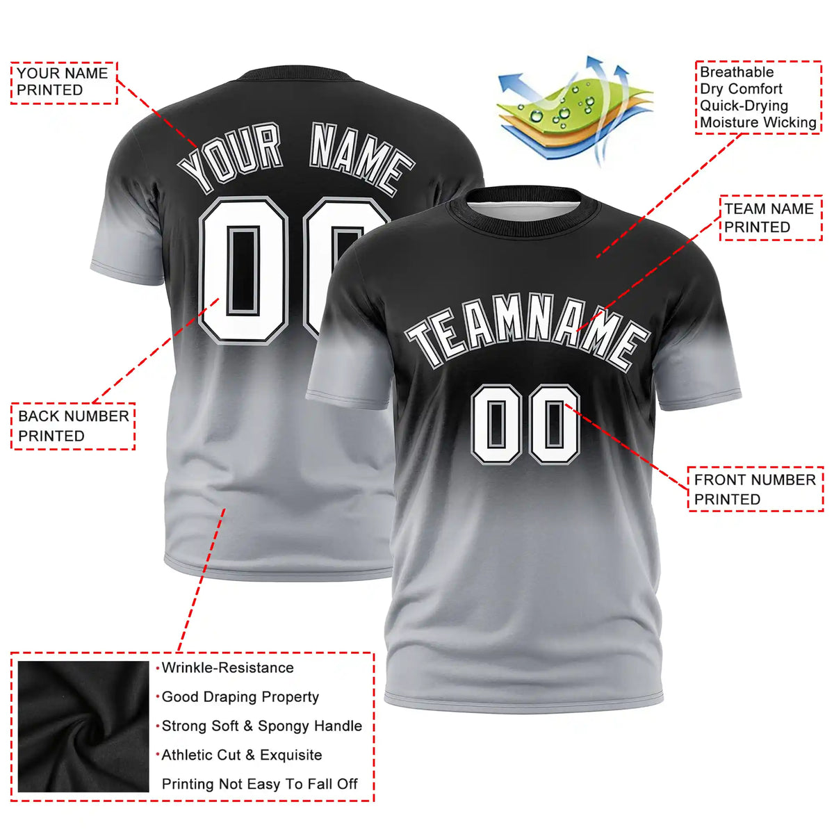 Custom Black-Gray Gradient Fashion Design Performance T-Shirt