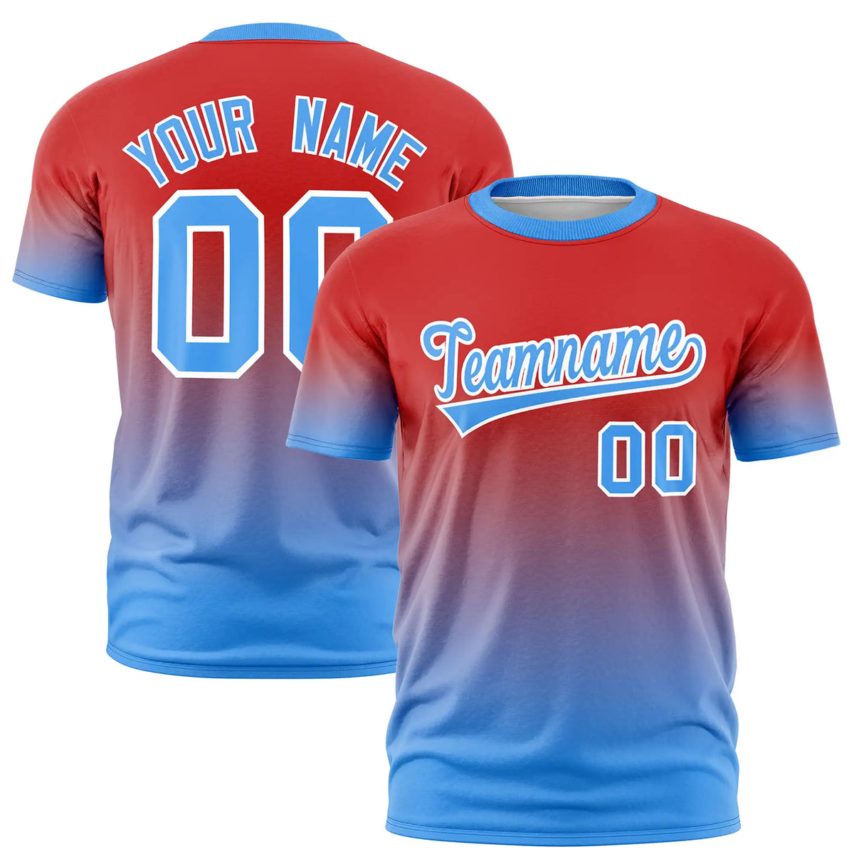 Custom Red-Powder Blue Gradient Fashion Design Performance T-Shirt