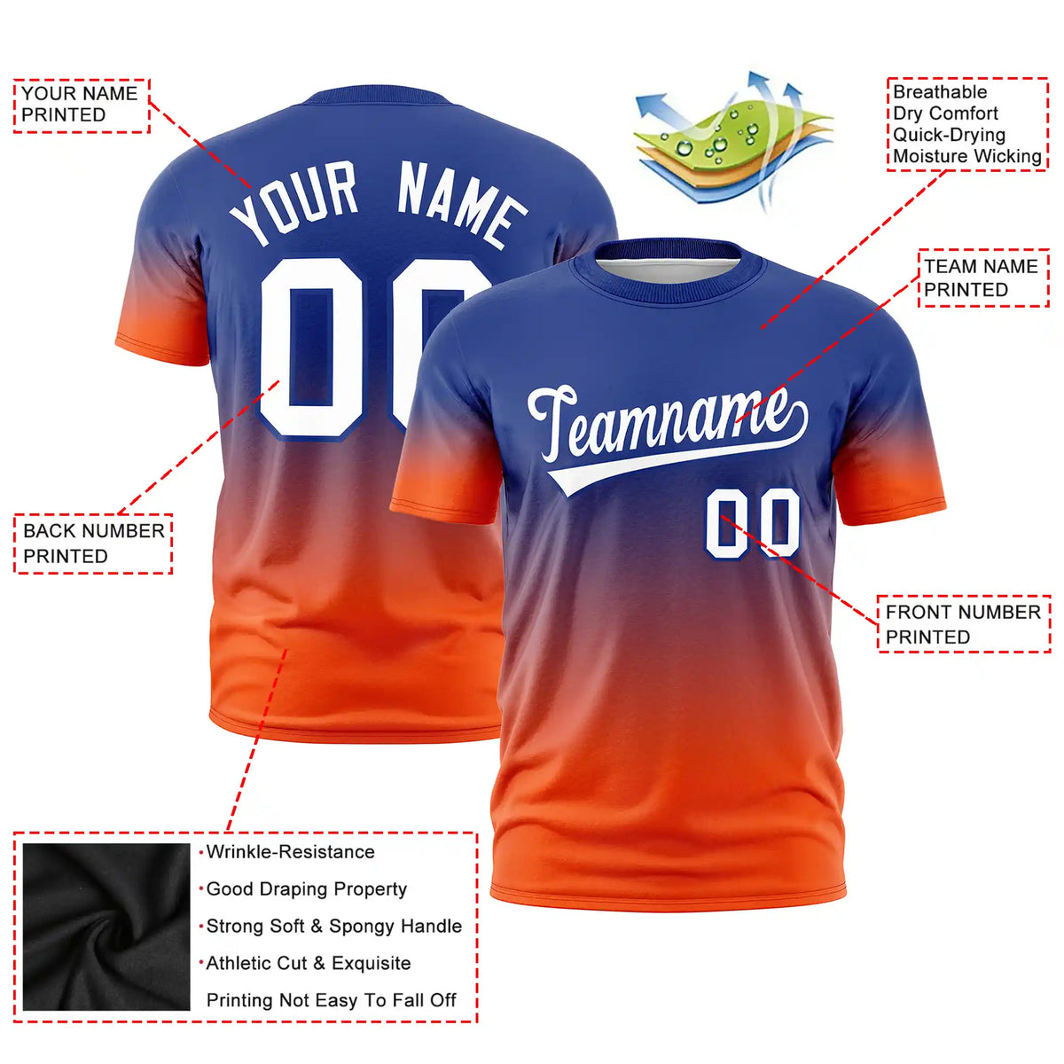 Custom Royal Blue-Orange Gradient Fashion Design Performance T-Shirt
