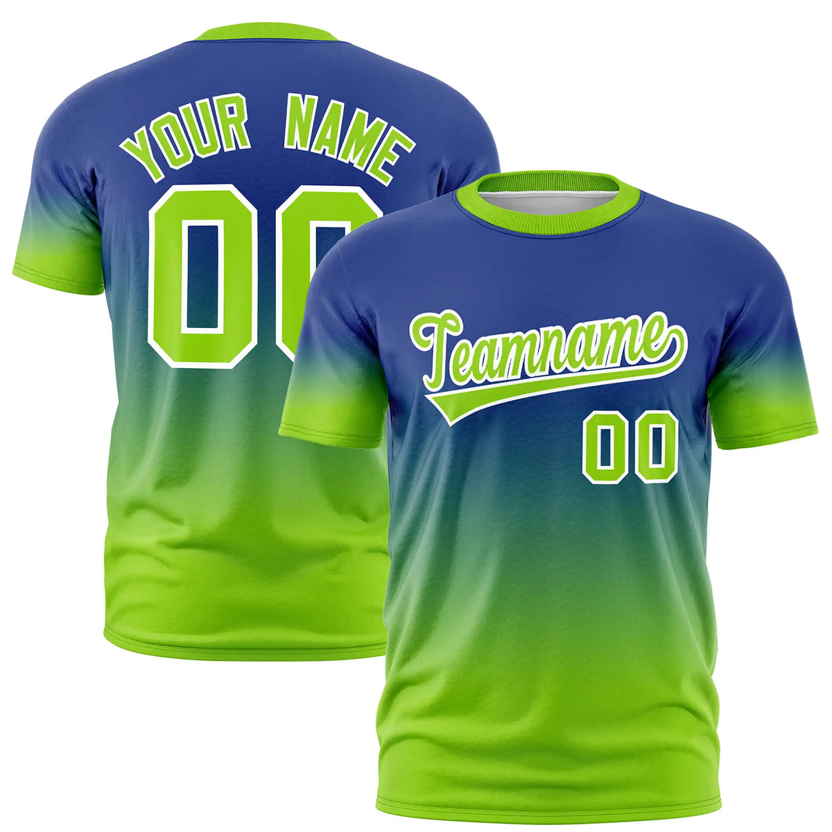 Custom Royal Blue-Neon Green Gradient Fashion Design Performance T-Shirt
