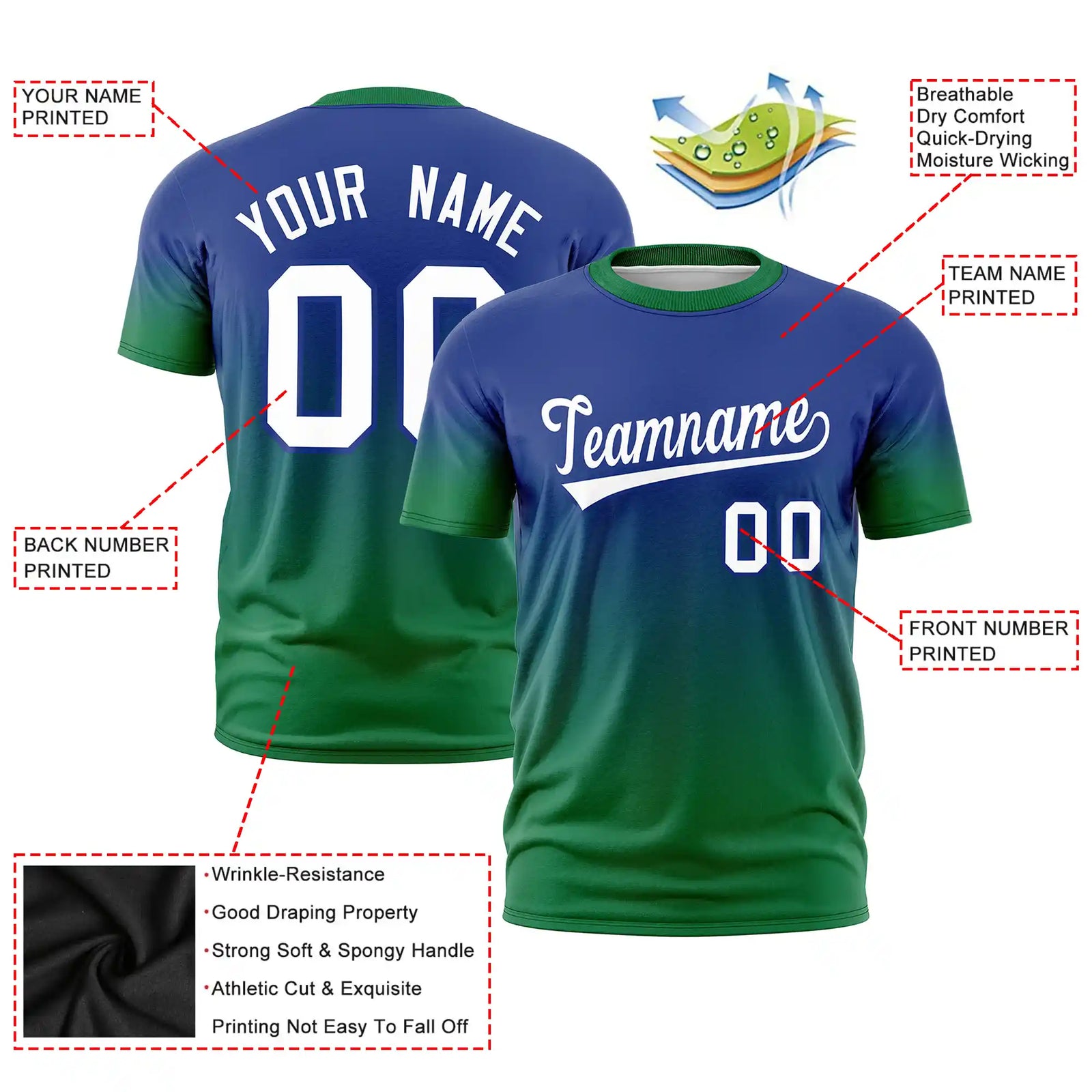 Custom Royal Blue-Kelly Green Gradient Fashion Design Performance T-Shirt