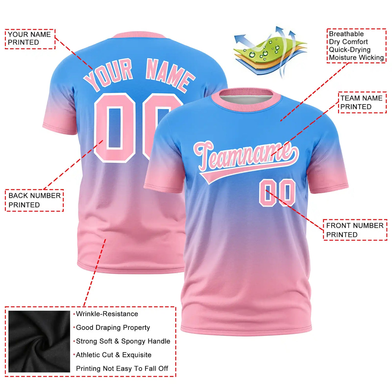 Custom Powder Blue-Light Pink Gradient Fashion Design Performance T-Shirt