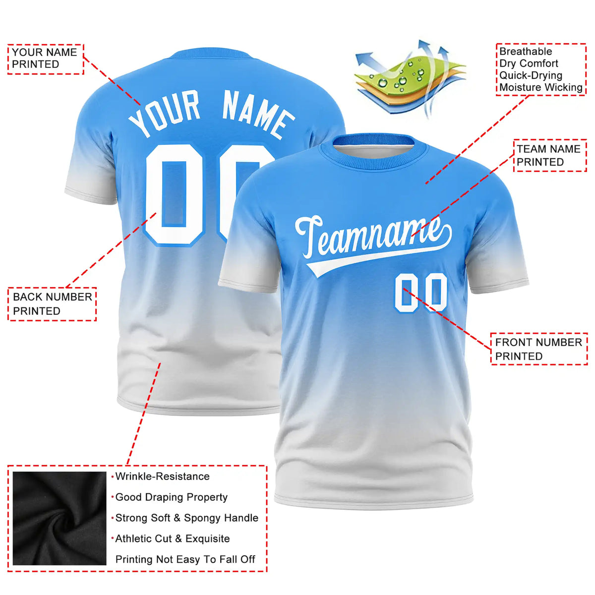 Custom Powder Blue-Gray Gradient Fashion Design Performance T-Shirt